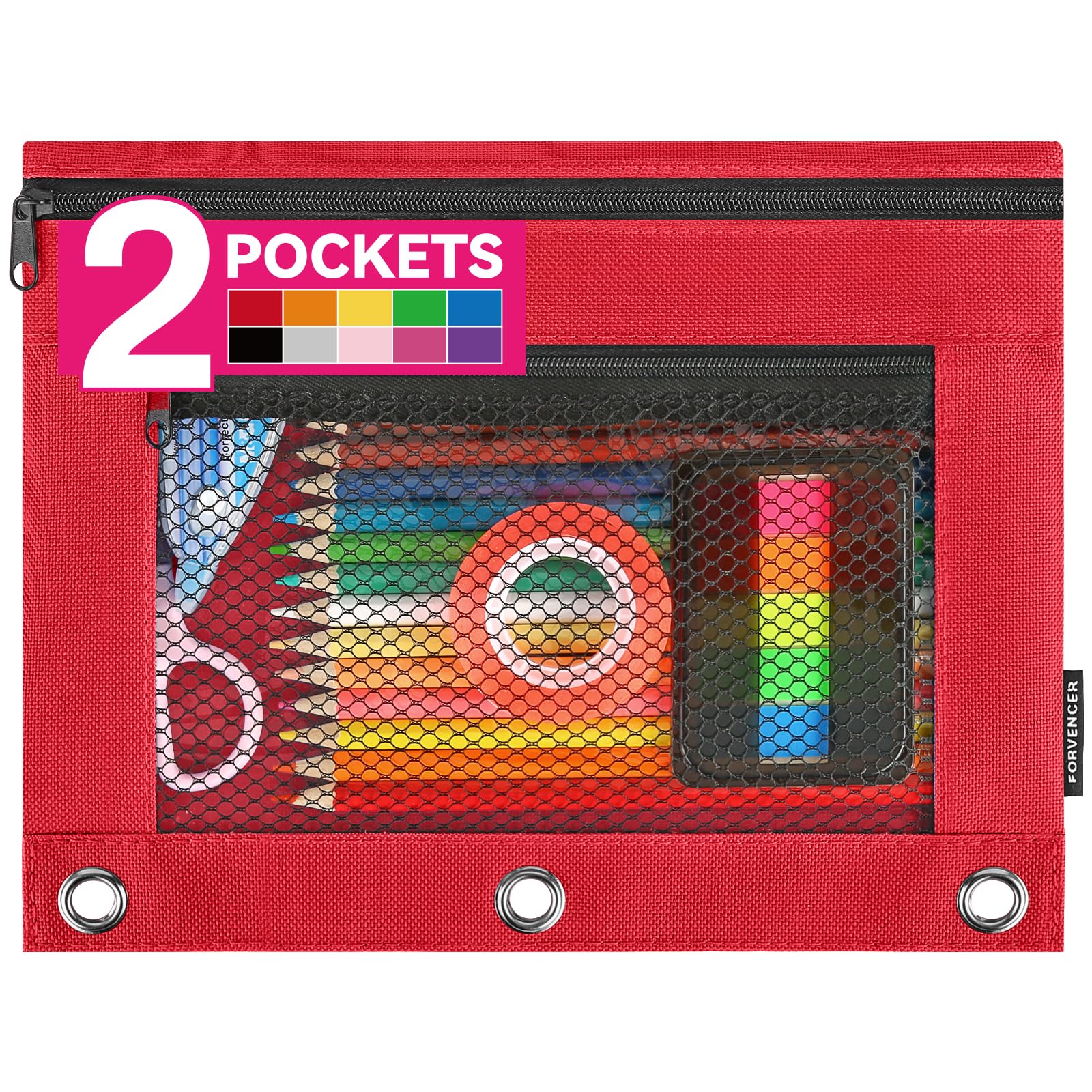 Adorable Zipper Pencil Pouch for 3 Ring Binder - Cute & Sturdy School Supplies with Smooth Zippers - Perfect for Students, Back to School, Office & Travel Organization (Red)
