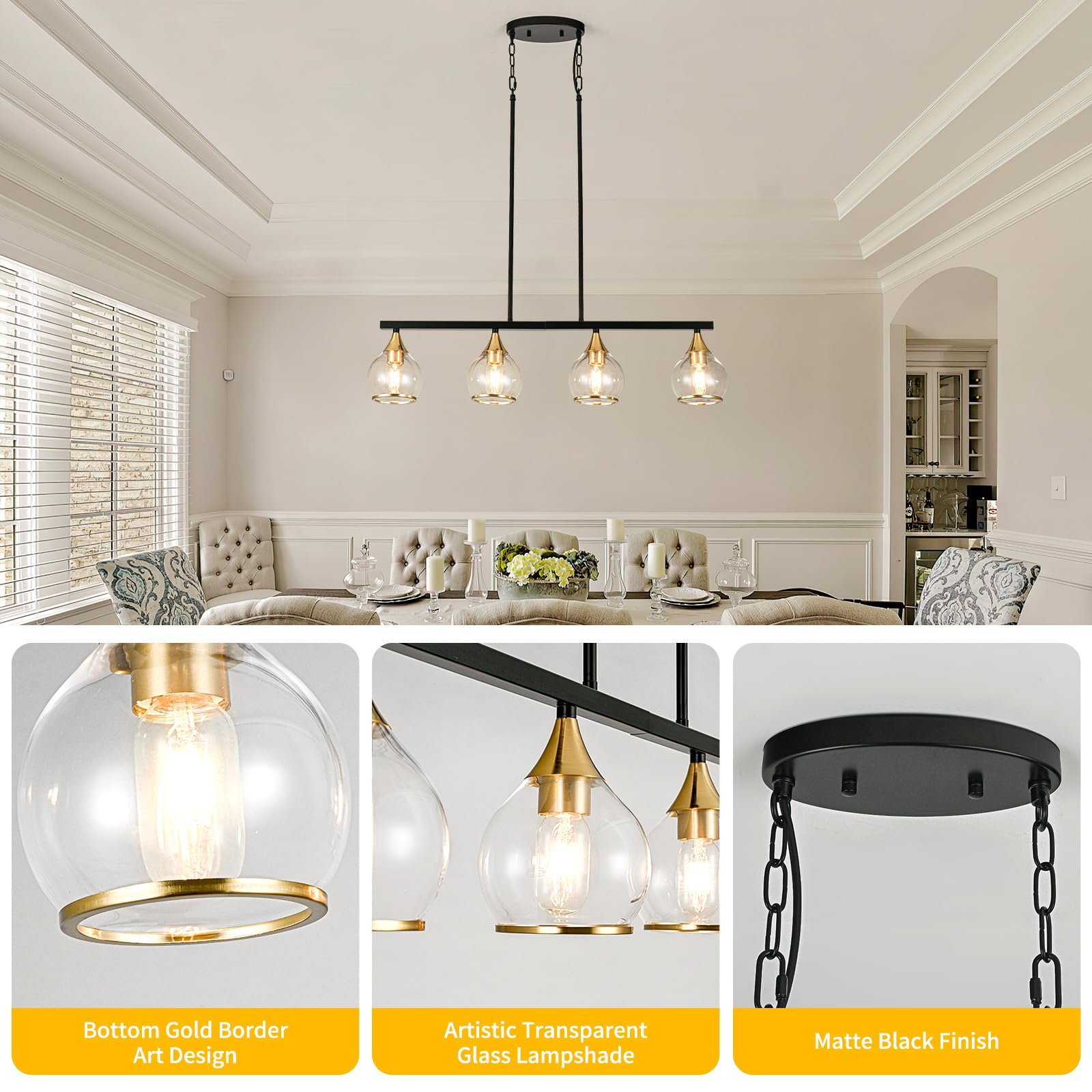 Farmhouse Black and Gold 4-Light Kitchen Island Pendant Chandelier with Clear Glass Shades - Matte Black Linear Hanging Light Fixture for Dining Room & Kitchen Counter | Perfect Over Tables, Breakfast Bars, and Kitchen Islands