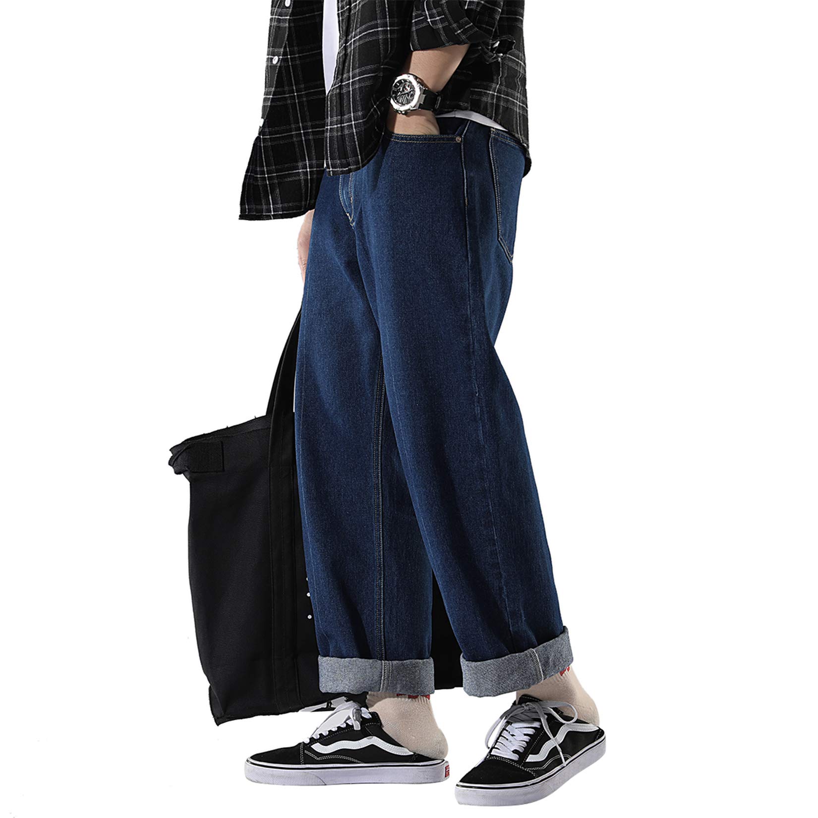 DOSLAVIDA Men's Work Jeans - Casual Hip Hop Cargo Pants, Loose Fit Straight Wide Leg Cotton Denim Trousers with Zipper | Durable for Construction, Streetwear & Everyday Wear