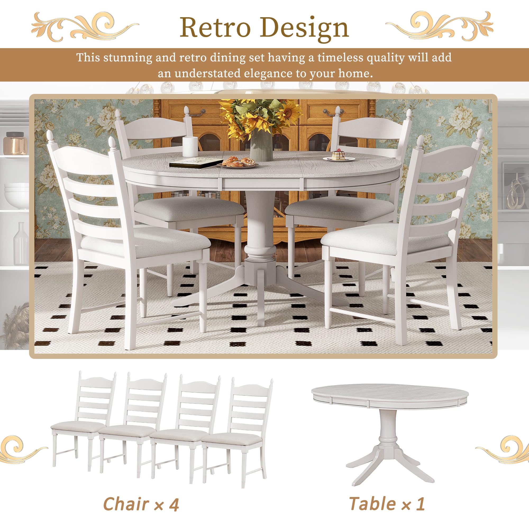 Knocbel Retro 4-Person Extendable Dining Table Set with 4 Upholstered Chairs - 5-Piece Kitchen Dinette Set in Antique White (58 Inch) - Perfect for Small Space Dining Rooms, Breakfast Nooks, Bistros & Home Bars