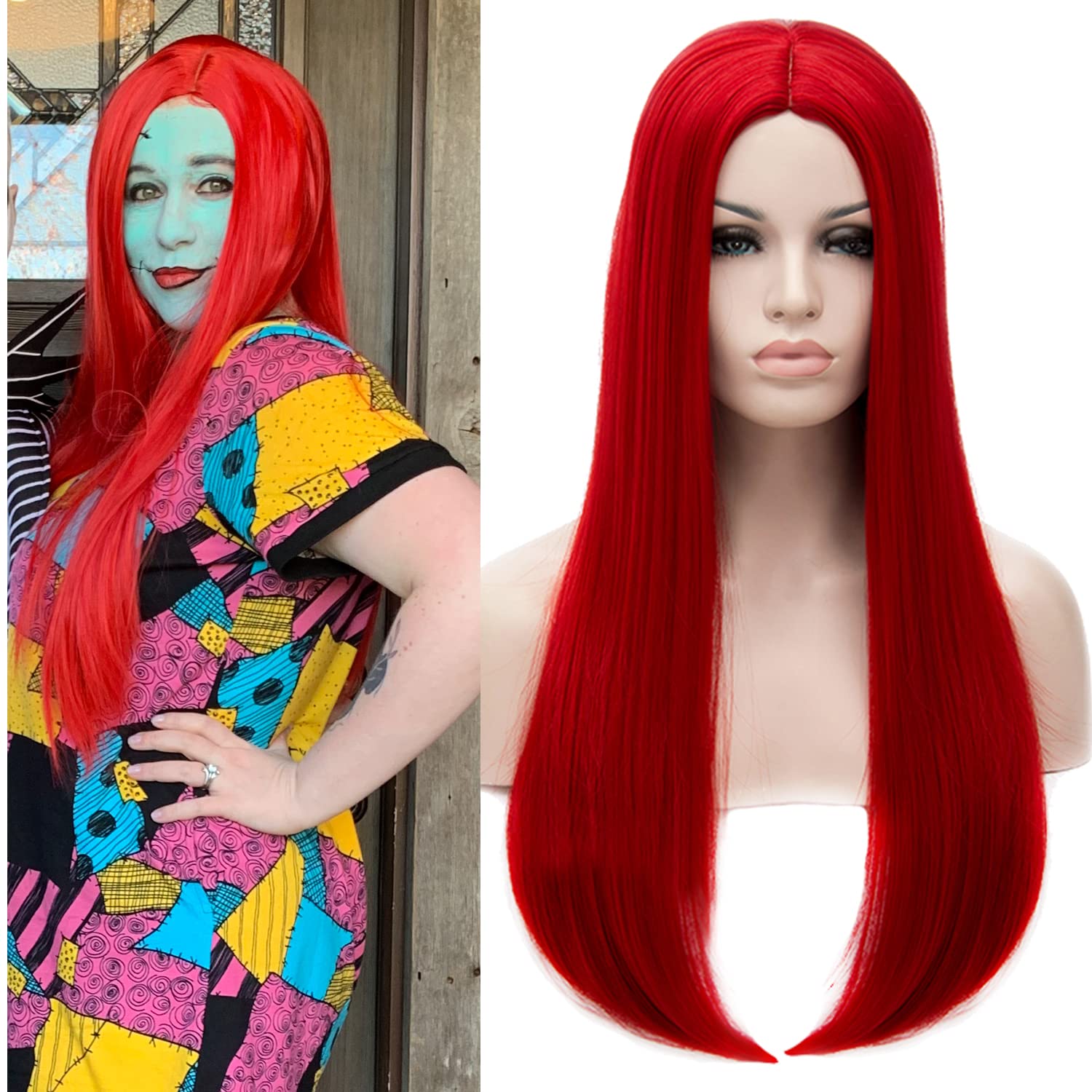 BERON 27 Inches Long Straight Synthetic Wig for Women - Vibrant Neon Red Heat Resistant Hairpiece with Adjustable Wig Cap - Perfect for Cosplay, Halloween, Parties & Daily Wear