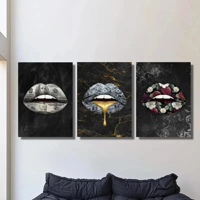 3pcs Money Lips Creative Poster - Golden Expensive Metal Print Wall Art Ready to Hang | Perfect for Home Decor, Office & Gift Giving
