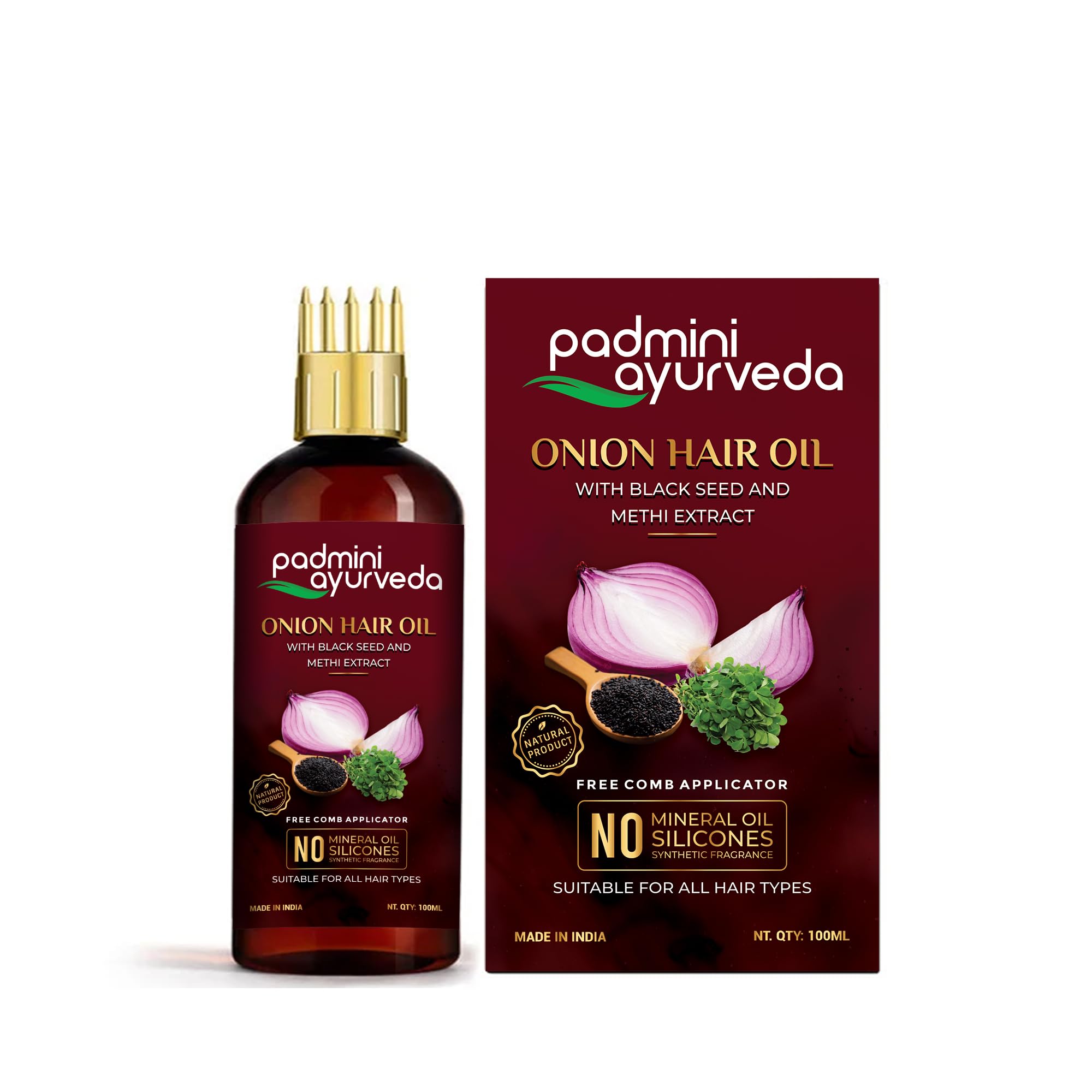 Padmini Ayurveda Onion Hair Oil for Men & Women - 100ml | Natural Hair Growth Treatment for Healthy, Strong & Nourished Hair | Reduces Hair Fall & Promotes Thickness | Perfect for Daily Hair Care & Scalp Massage
