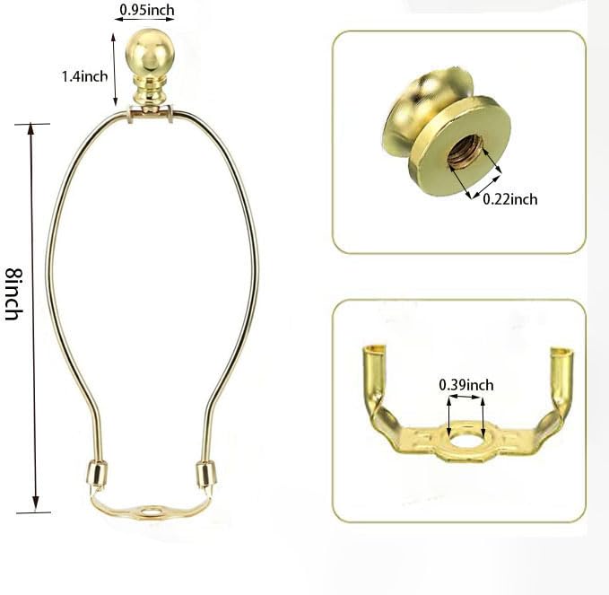 8 Inch Polished Brass Lamp Harp Holder with Finials & Saddle Base - Detachable Shade Bracket Set for DIY Table & Floor Lamps - Perfect for Living Room, Bedroom, Office Lighting Decor