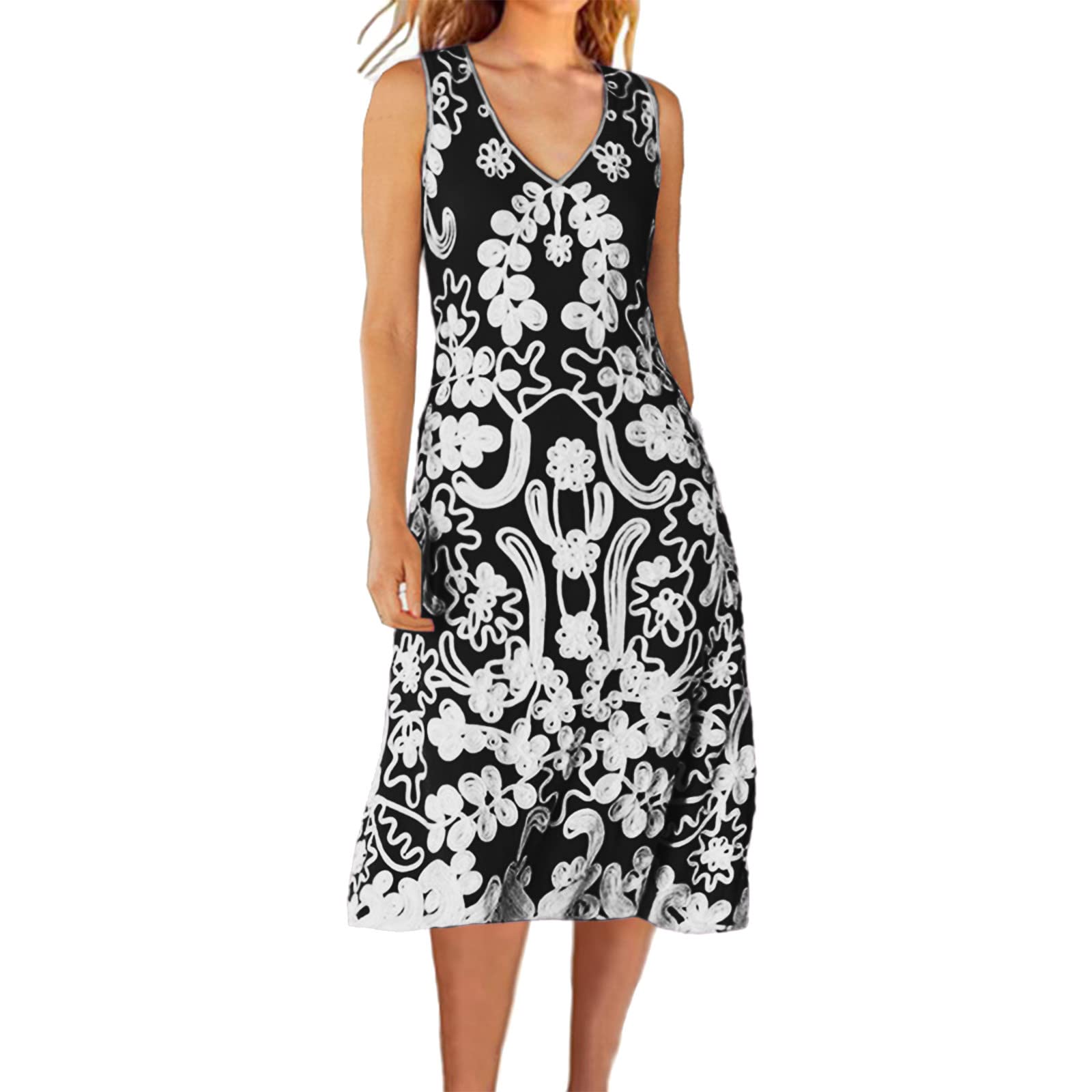 Women's V-Neck Lace Trim Floral Print Tank Dress - Loose Sleeveless Summer Mini Dress for Concerts, Beach Vacations & Casual Outings