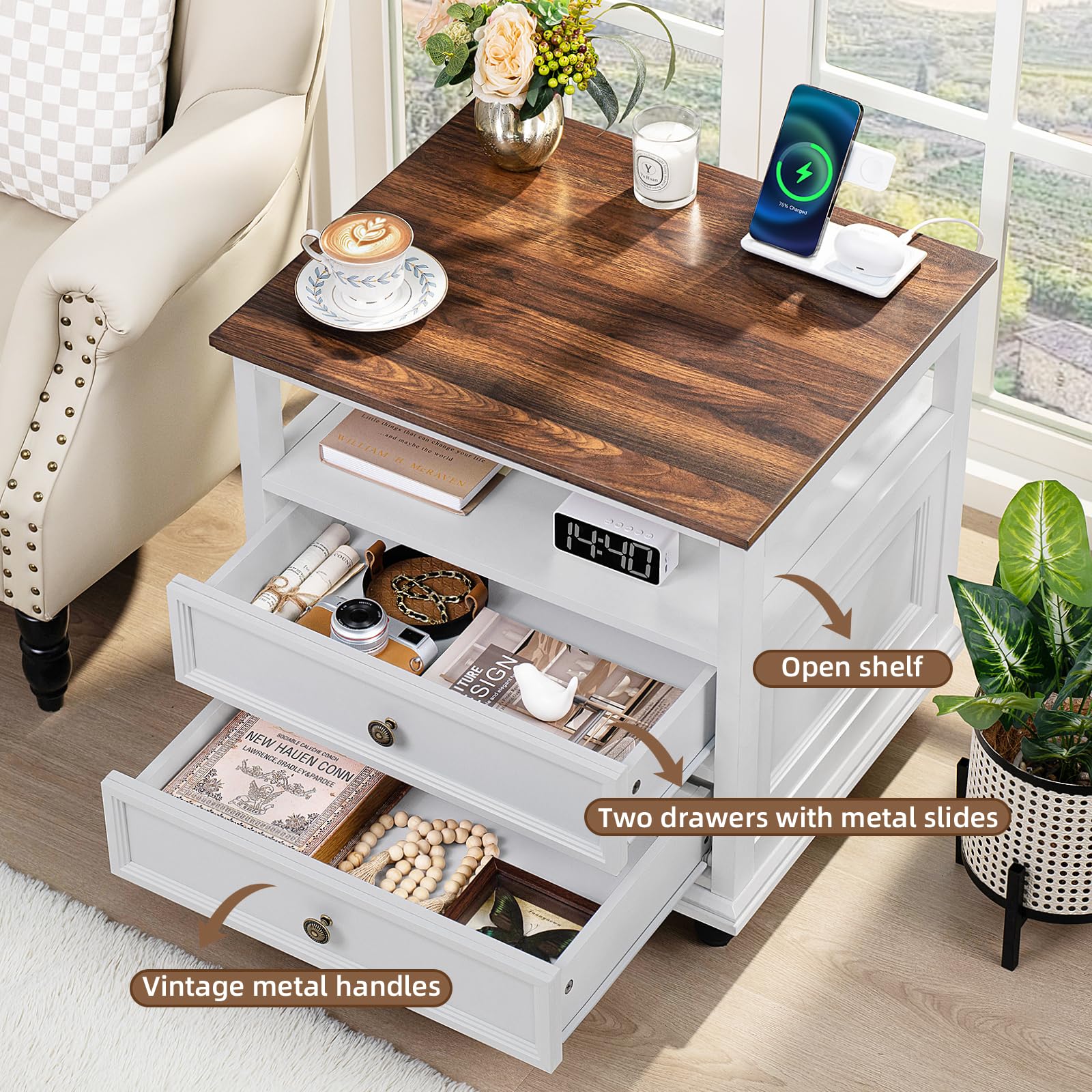 Farmhouse Style Nightstands Set of 2 with Charging Station & 7-Drawer Wood Dresser - 54