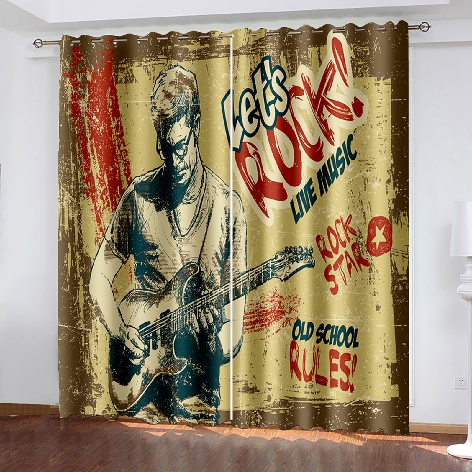 Rock Man Playing Electric Guitar Printed Polyester Curtains 108x63 Inch - Yellow Bedroom Drapes & Sliding Glass Door Curtains for Music Lovers' Home Decor