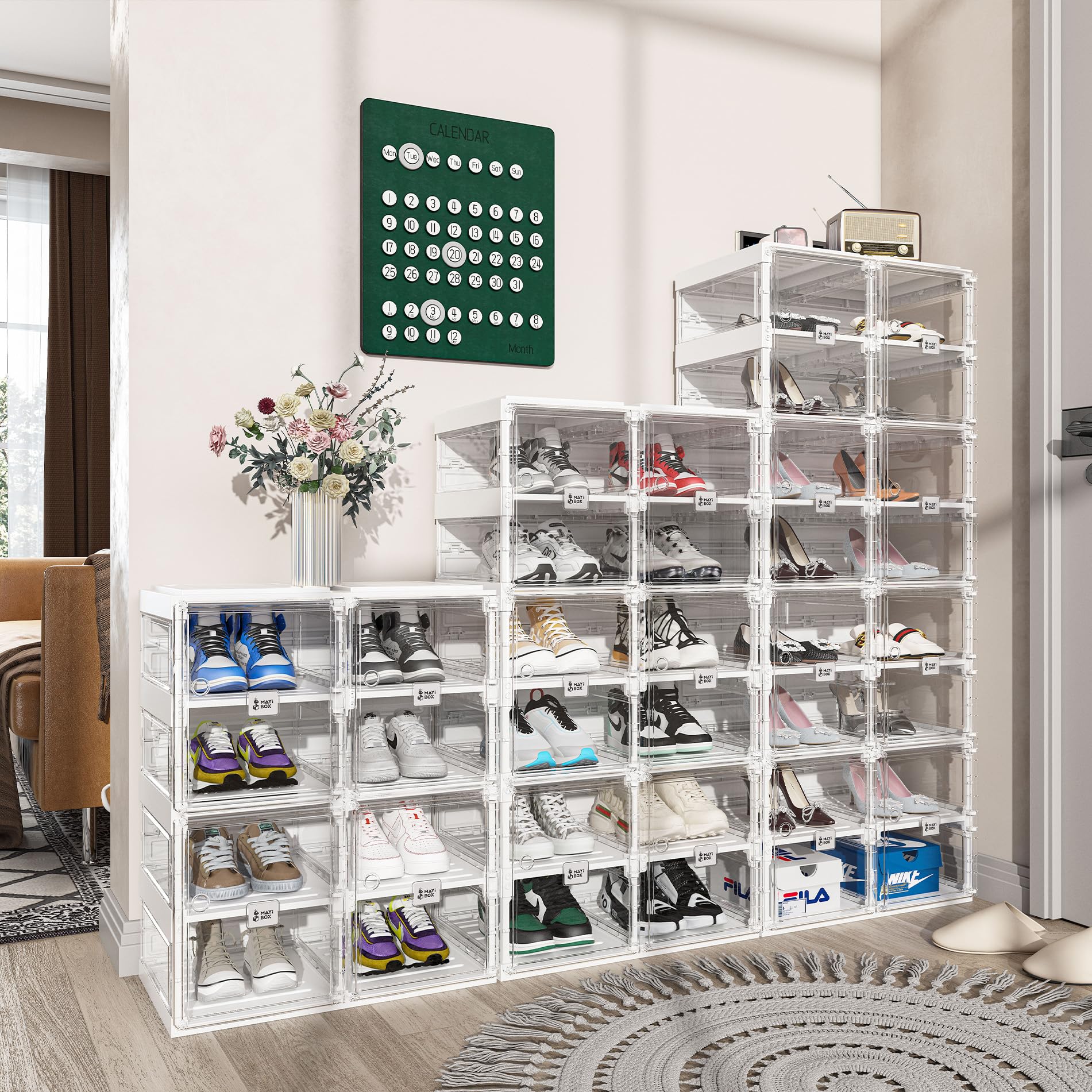 Foldable Shoe Rack Organizer - 10-Tier Stackable Plastic Shoe Storage Cabinet with Magnetic Clear Doors, Holds 20 Pairs - Space Saving Closet & Entryway Solution for Sneakers, Boots & Heels - Perfect for Small Apartments, Dorm Rooms & Mudroom Organization