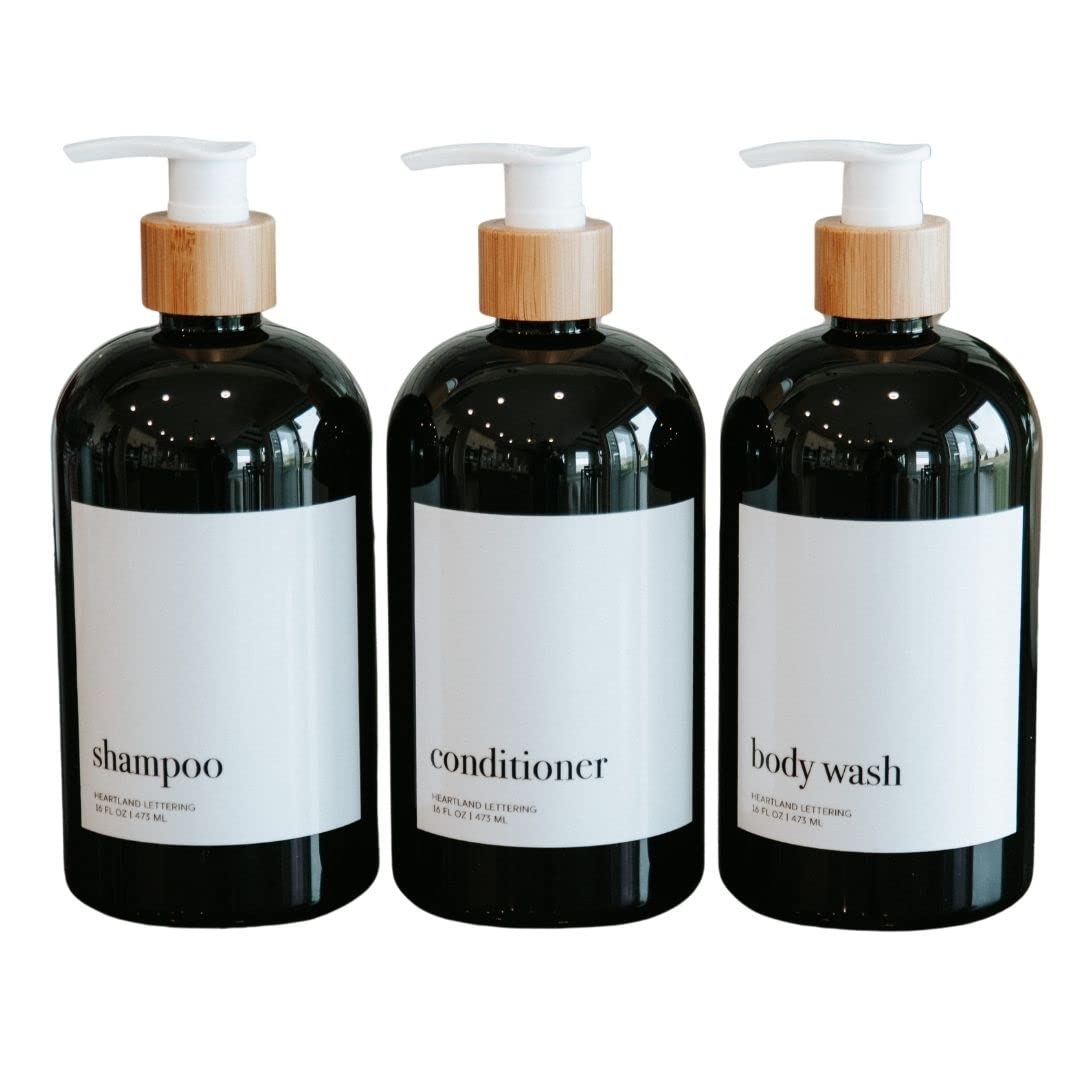 Bamboo Shampoo and Conditioner Dispenser Bottles Set of 3 - 16oz Black Plastic Pump Bottles for Shampoo, Conditioner & Body Wash | Perfect for Bathroom, Shower & Salon Organization