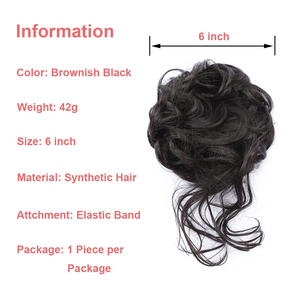 KETHBE Messy Bun Hair Piece - Tousled Updo Hair Extension with Elastic Band, Curly Hair Bun Scrunchie for Women (Brownish Black) - Perfect for Casual, Party & Everyday Hairstyles