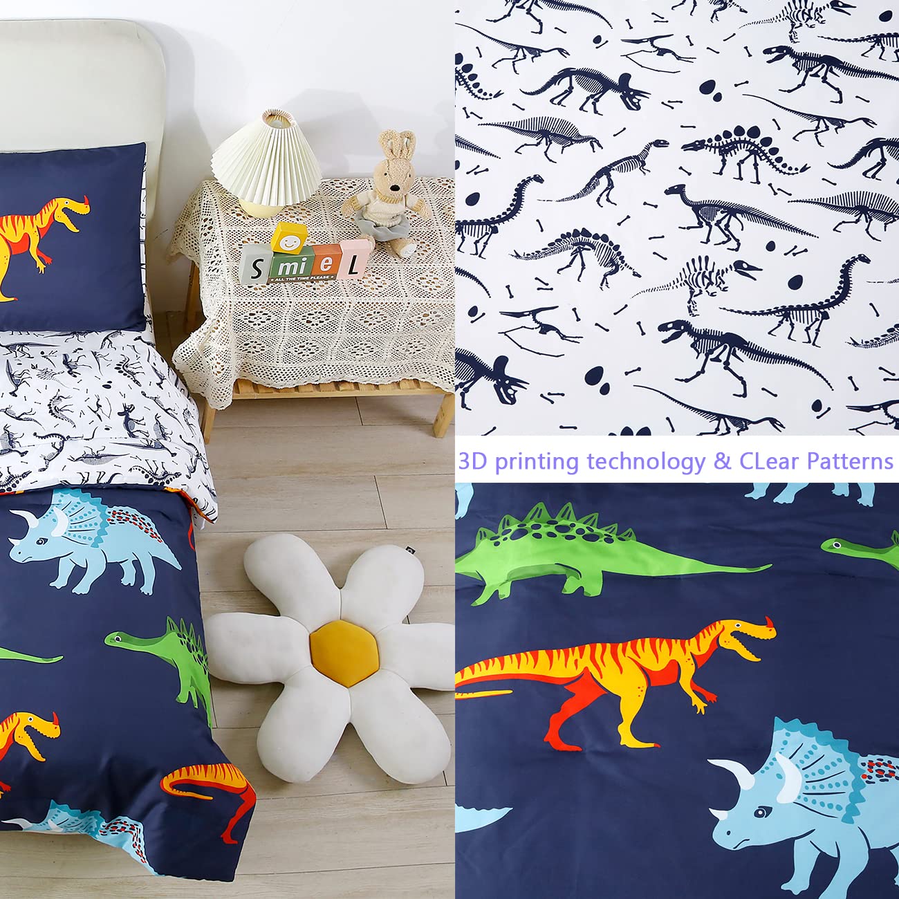 STYHO Cartoon Dinosaur Print Duvet Cover Set - Dark Blue Reversible Animal Pattern Quilt Bedding for Boys & Kids - Single Size Bedroom Decor - Perfect for Kids' Rooms, Nursery, and Themed Bedrooms