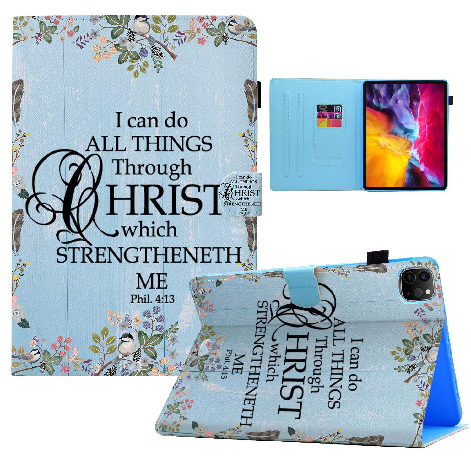 iPad Air 4 Case (10.9 inch 2020 Model) - Premium PU Leather & Soft TPU Cover with Card Slot, Pen Holder & Auto Wake/Sleep | Bible Verse Philippians 4:13 Floral Design - Perfect for Church, Daily Use & Gift Giving