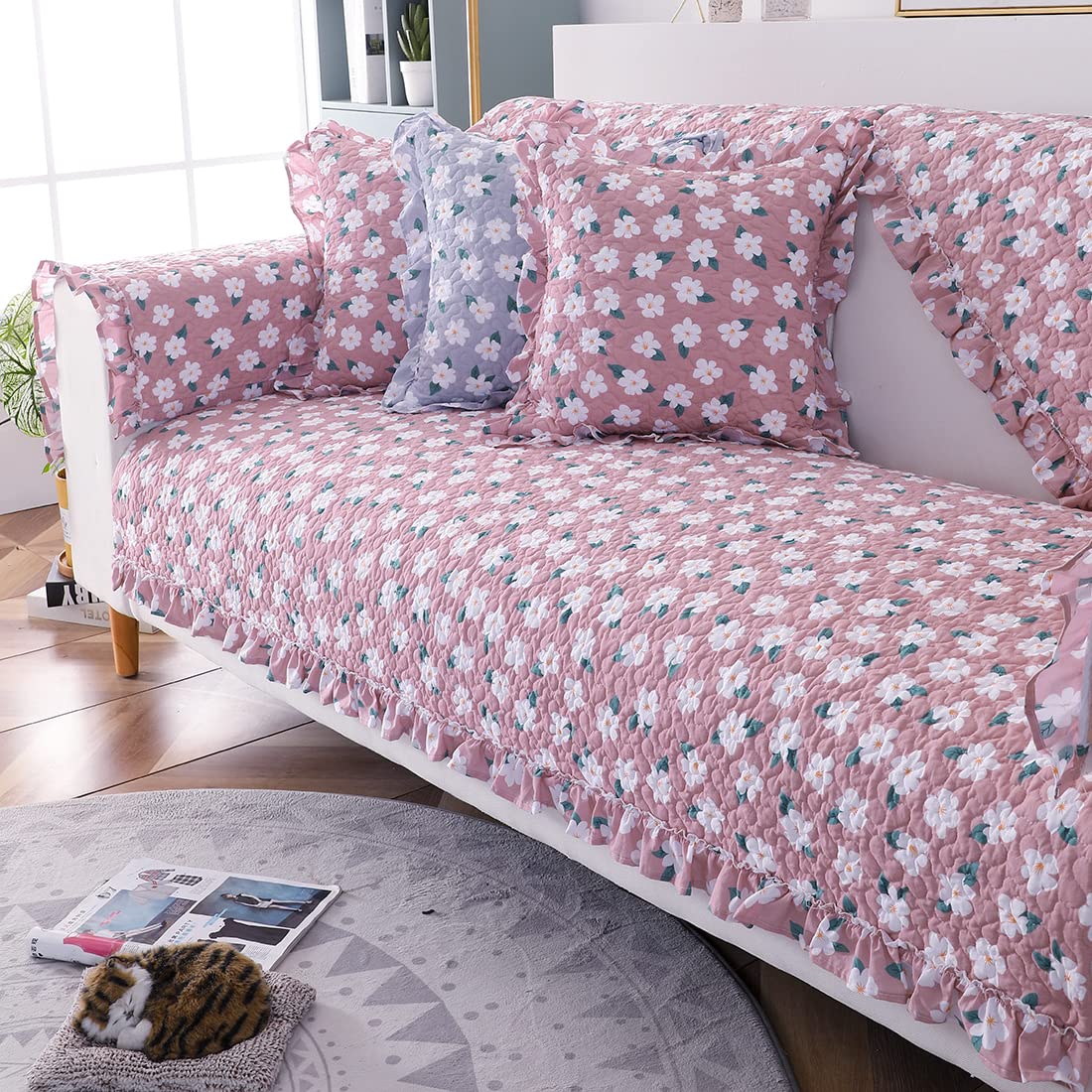 Boho Floral Printed Cotton Sofa Covers with Ruffles - Non-Slip Sectional Couch Cover, Super Soft & Comfy Furniture Protector for Living Room (Pink, 28