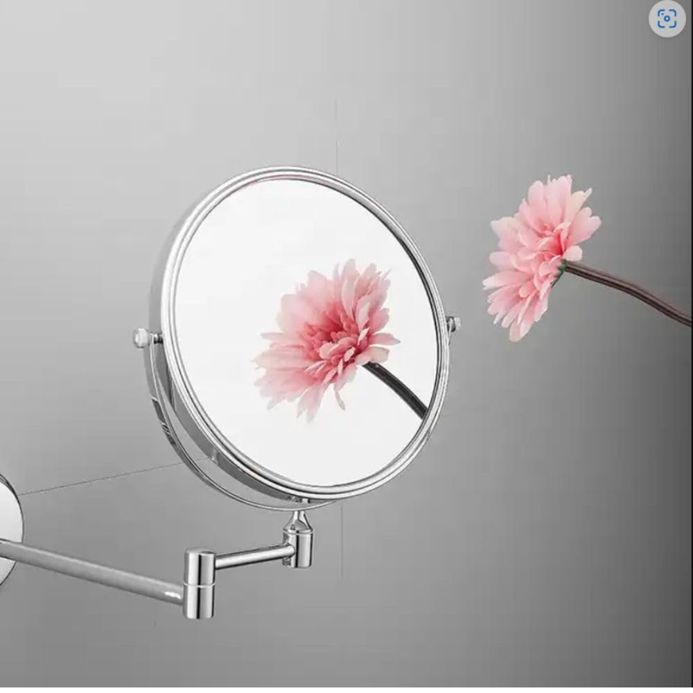 JPS 8 Inch Round Wall Mount Makeup Mirror with 5X Magnification - Brass Framed Adjustable Bathroom Mirror with Bracket (Silver Series) | Perfect for Shaving, Makeup Application & Grooming