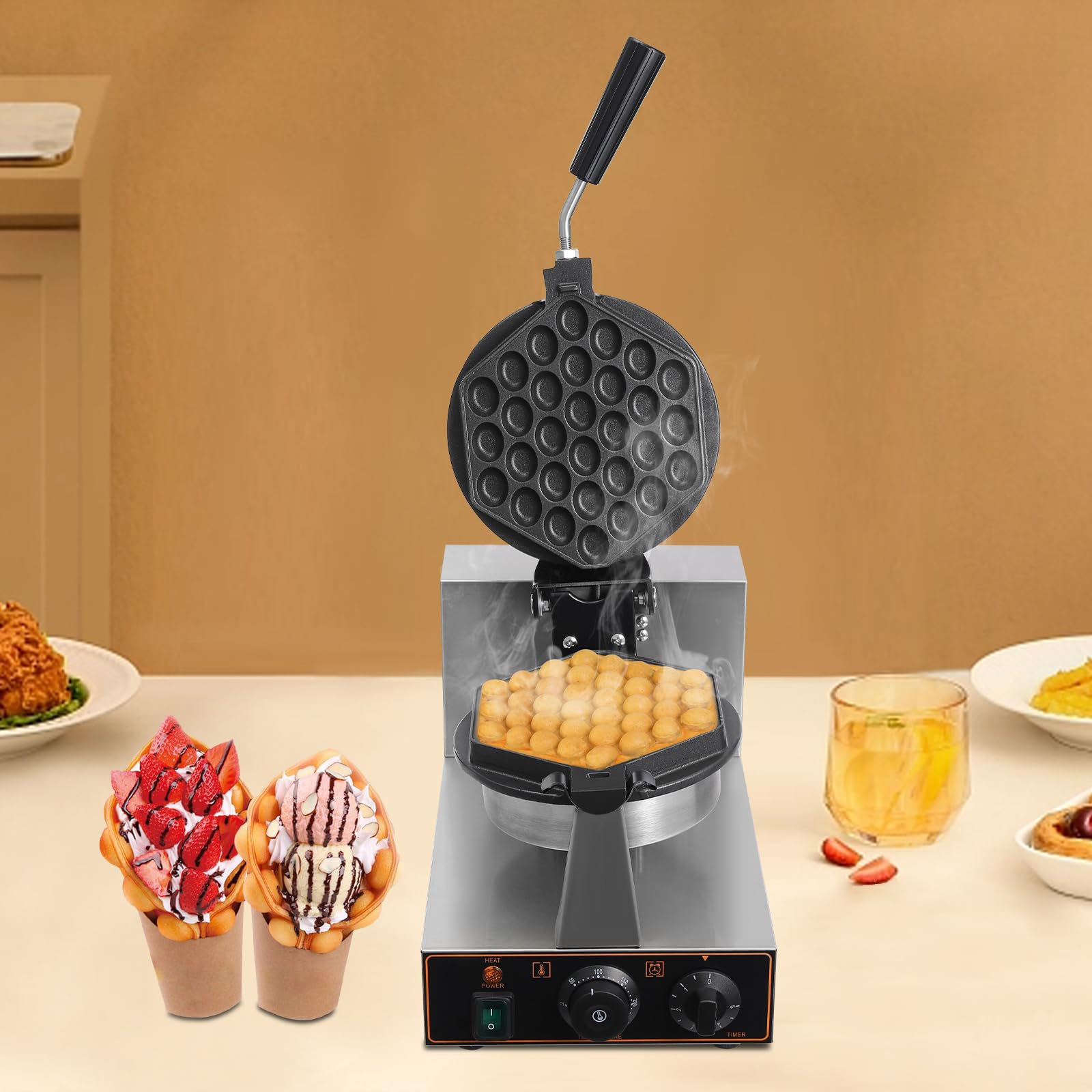 Commercial Bubble Waffle Maker 1300W - 180° Rotatable Dual Non-Stick Pans - Stainless Steel Egg Puff Iron with Adjustable Temp (50-300°C/122-572°F) - Perfect for Cafes, Food Trucks & Home Breakfast
