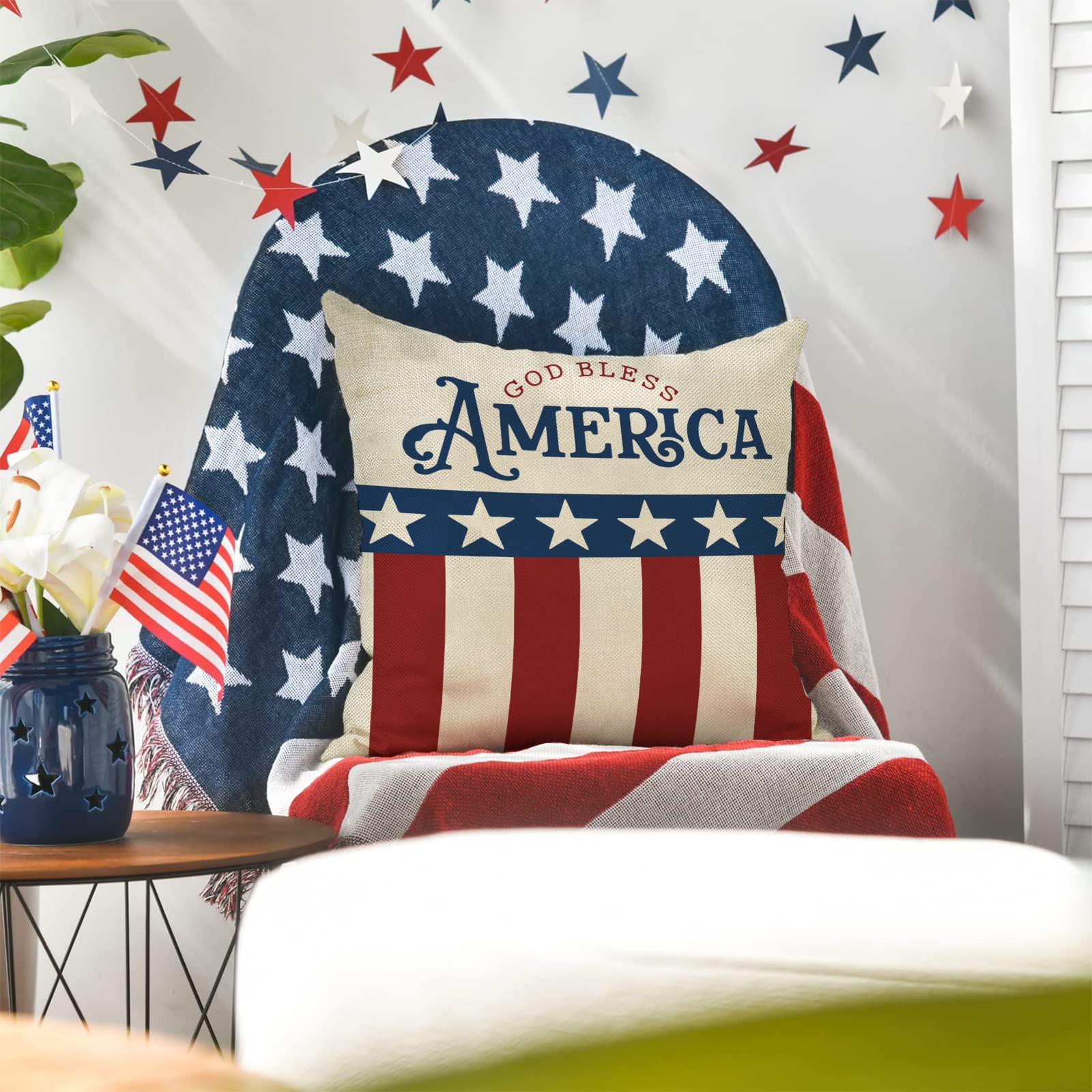 4th of July Patriotic Throw Pillow Covers 18x18 Inch Set of 4 - USA Flag Star Stripe Design with 'God Bless America' & 'Est.1776' - Perfect for Sofa, Couch, Bedroom Decor & Independence Day Celebrations