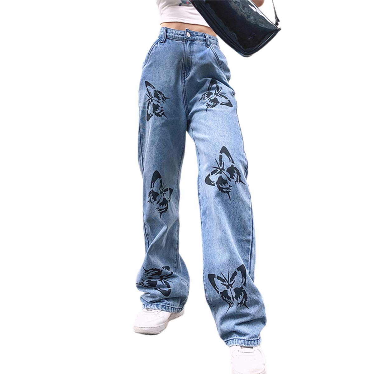 Women's Wide Leg Jeans with Butterfly Print - High Waisted Straight Denim Pants for Casual & Y2K Streetwear | Baggy Trousers for Everyday Wear, Parties & Fashion Outfits