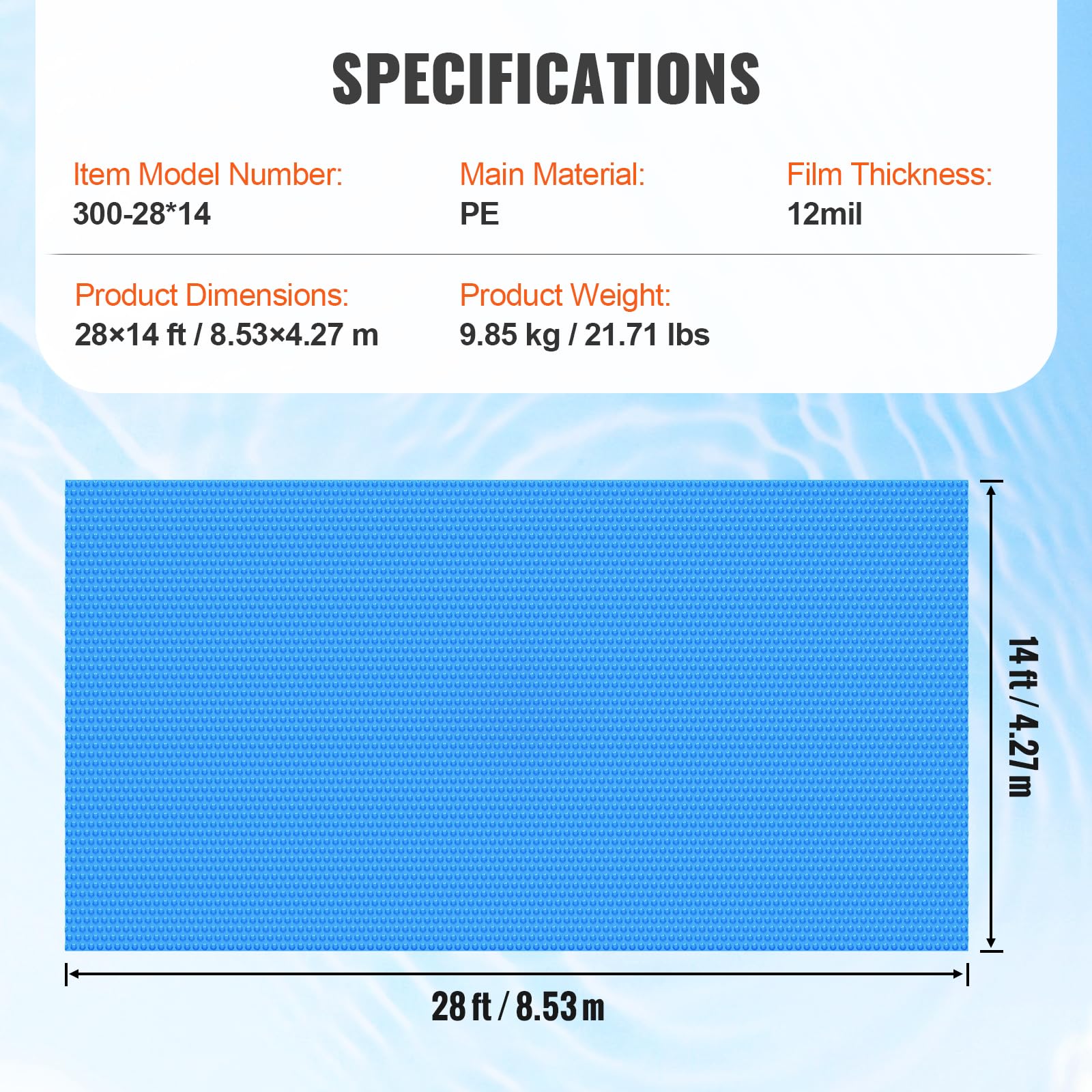 VEVOR 28x14 ft Rectangle Solar Pool Cover - 12 Mil Thick Blue Bubble Blanket for Inground & Above Ground Swimming Pools | Heat Retention & Energy Saving | Perfect for Summer Pool Maintenance & Winter Protection
