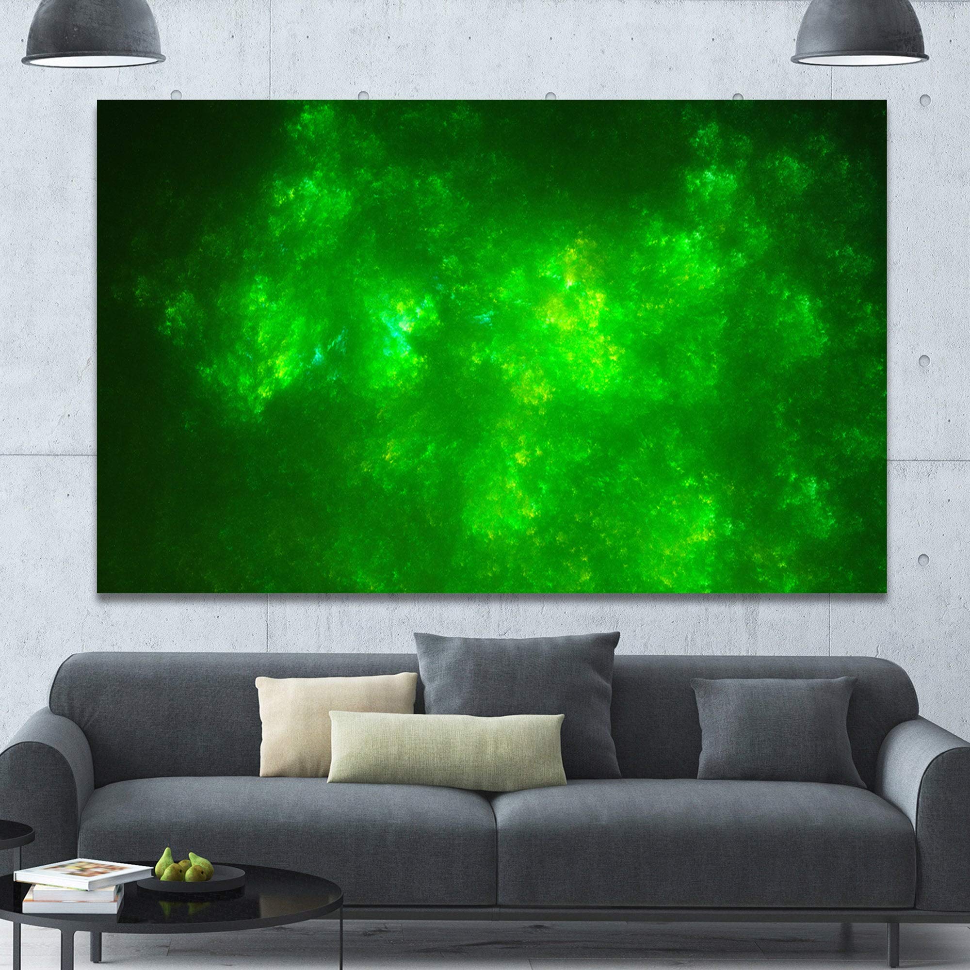 DESIGN ART 'Bright Green Fractal Sky with Stars' Extra Large Abstract Canvas Wall Art Print - 60