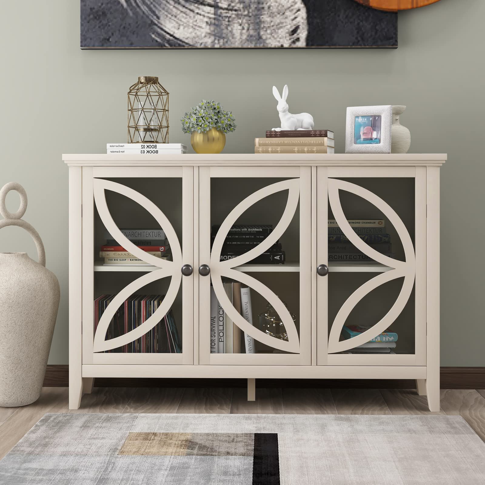 White Wooden Accent Storage Cabinet with Glass Doors & Adjustable Shelf - 47.2