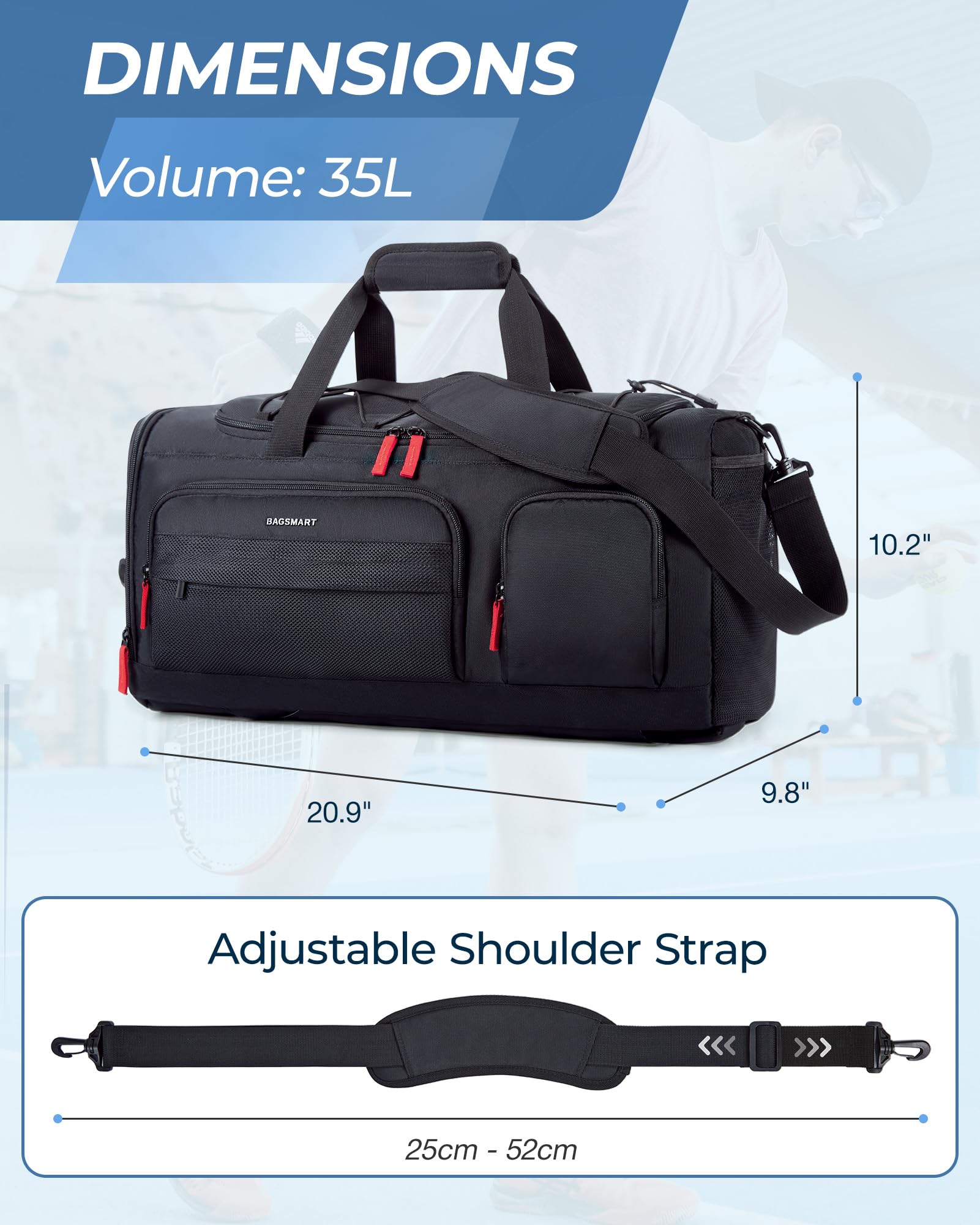 BAGSMART 35L Gym Bag for Women & Men - Sports Travel Duffel Bag with Shoe & Laptop Compartment, Anti-Theft Carry On Weekender Bag for Airplane, Workout, Overnight Backpack for Travel - Black | Perfect for Gym, Business Trips & Weekend Getaways