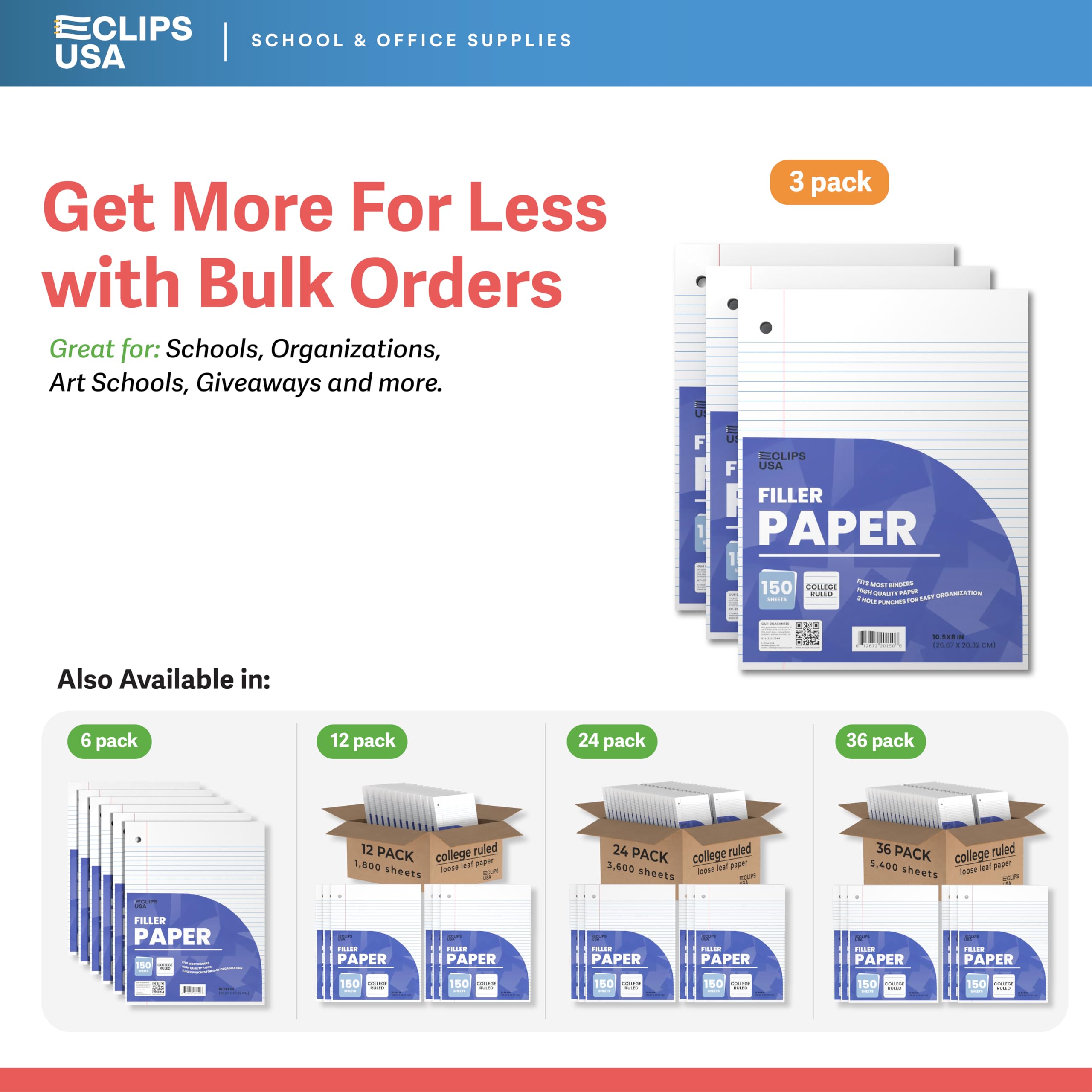 College Ruled Notebook Paper 10.5 x 8 Inches - 56 GSM Filler Paper, 150 Sheets per Pack (3 Packs, 450 Total Sheets) for School, Office & Note Taking - Loose Leaf Paper for Binders & Journals