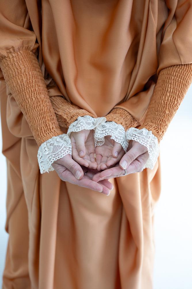 Little Gretaah Khimar Style Prayer Gown for Kids - Orange Islamic Dress with Ribbed Sleeve Cuffs - Perfect for Eid, Mosque & Religious Ceremonies
