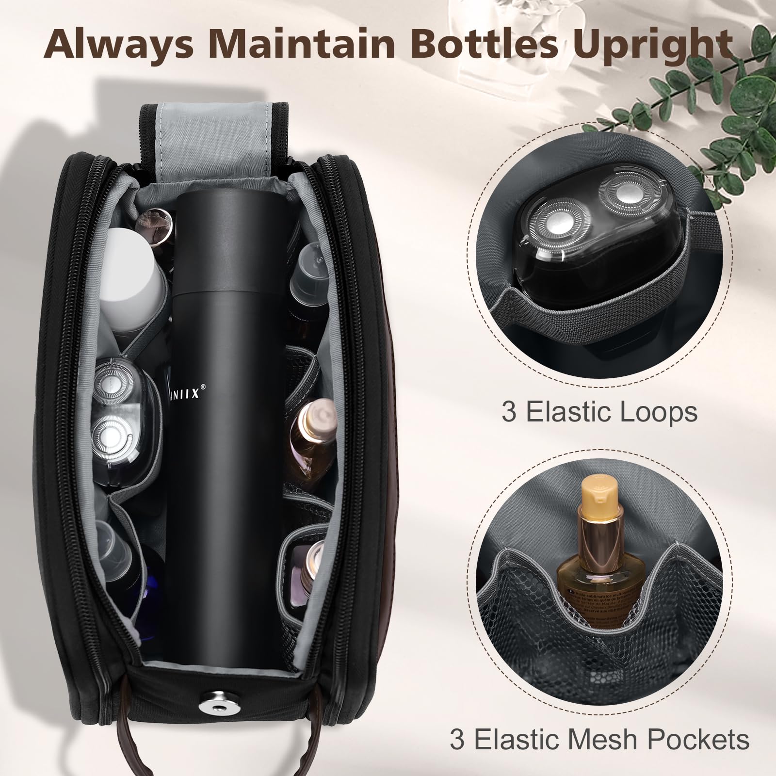 **Wedama Men's Hanging Travel Toiletry Bag - Medium Waterproof Organizer with PU Handle & Extra Electronic Pockets - Perfect for Business Trips, Camping, Swimming & Travel Accessories (Black & Brown)**