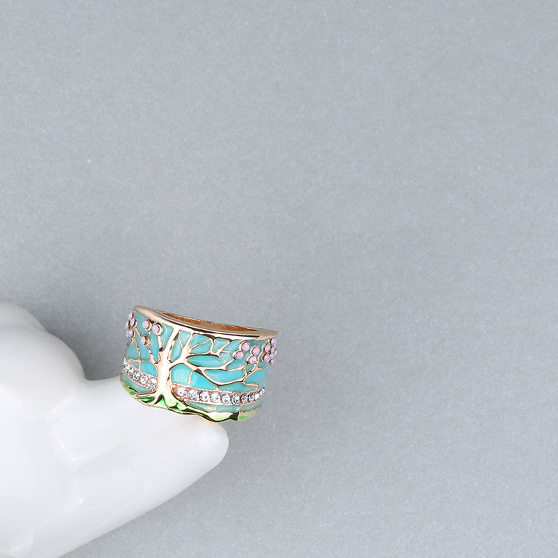 Gold Pink Opal Green Enamel Wide Flower Tree Ring for Women - Vintage Crystal Jewelry for Party, Wedding & Special Occasions