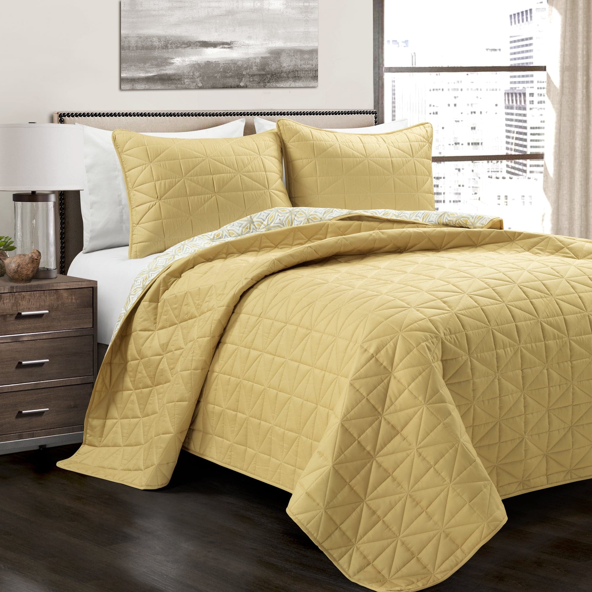 Mid Century Modern Geometric Reversible Quilt 3-Piece Bedding Set - King/Queen Size Comforter Cover with Pillow Shams for Stylish Bedroom Decor