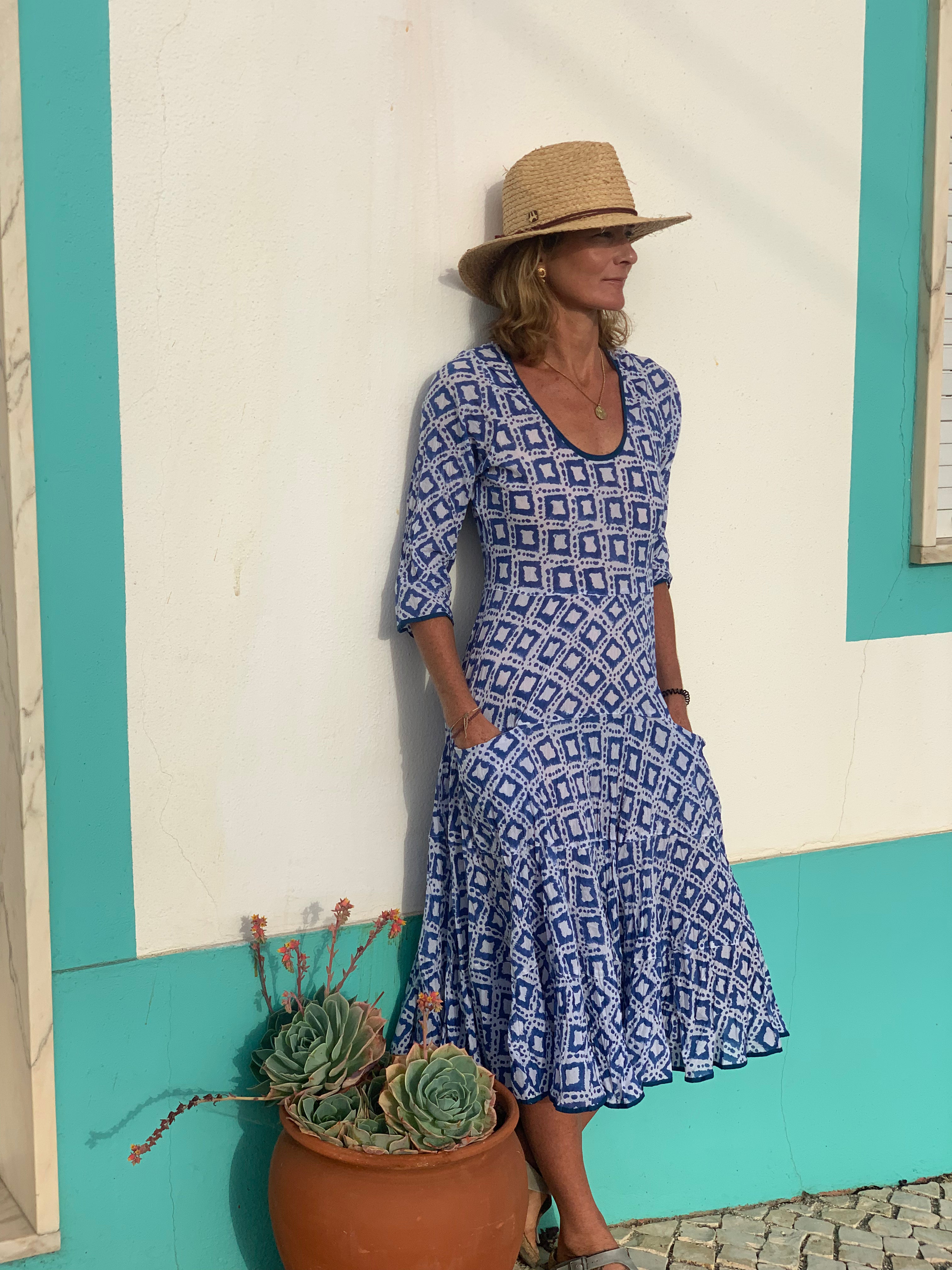 Stylish Blue Hand Block Print Sundress with Open Back - Perfect for Beach Vacations, Summer Parties & Casual Outings