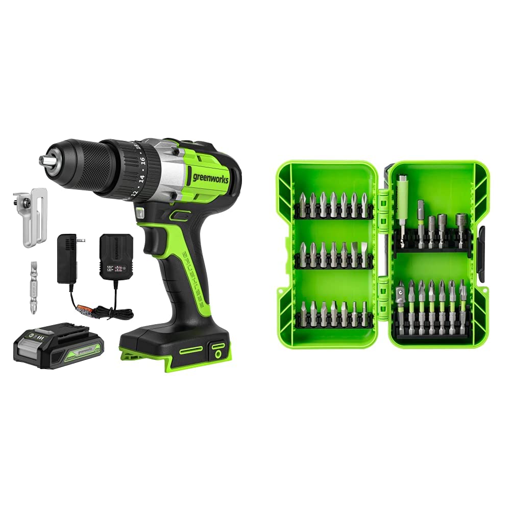 Greenworks 24V Cordless Hammer Drill with 4.0Ah Battery & 40-Piece Impact Bit Kit - Powerful Electric Drill for DIY Projects, Home Repairs, and Construction Work