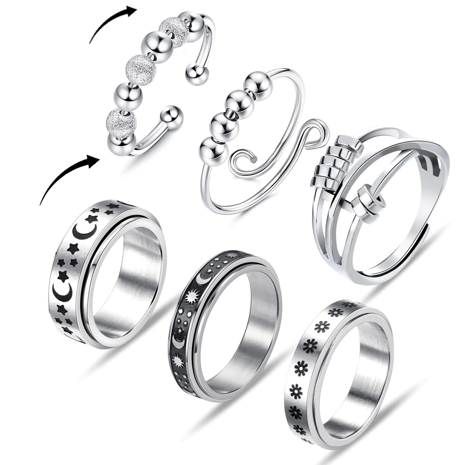 Joshmarco Spinner Rings for Women & Men - 6pcs Adjustable Anxiety Relief Rings Set with Silver Flower, Sun, Moon, Star & Bead Designs | Stress Relief Fidget Jewelry | Perfect Gift for Adults Size 6-11 | Ideal for Office, Travel & Daily Wear