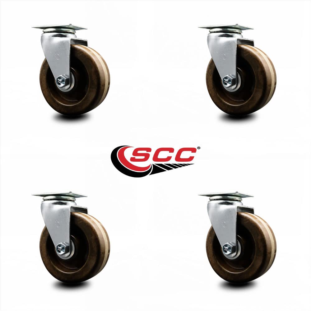 4 Inch Swivel Top Plate Caster Set with 2 Inch High-Temp Phenolic Wheels - Roller Bearing 1800 lbs Capacity (Set of 4) by Service Caster - Ideal for Industrial Equipment, Restaurant Carts & Heavy-Duty Furniture