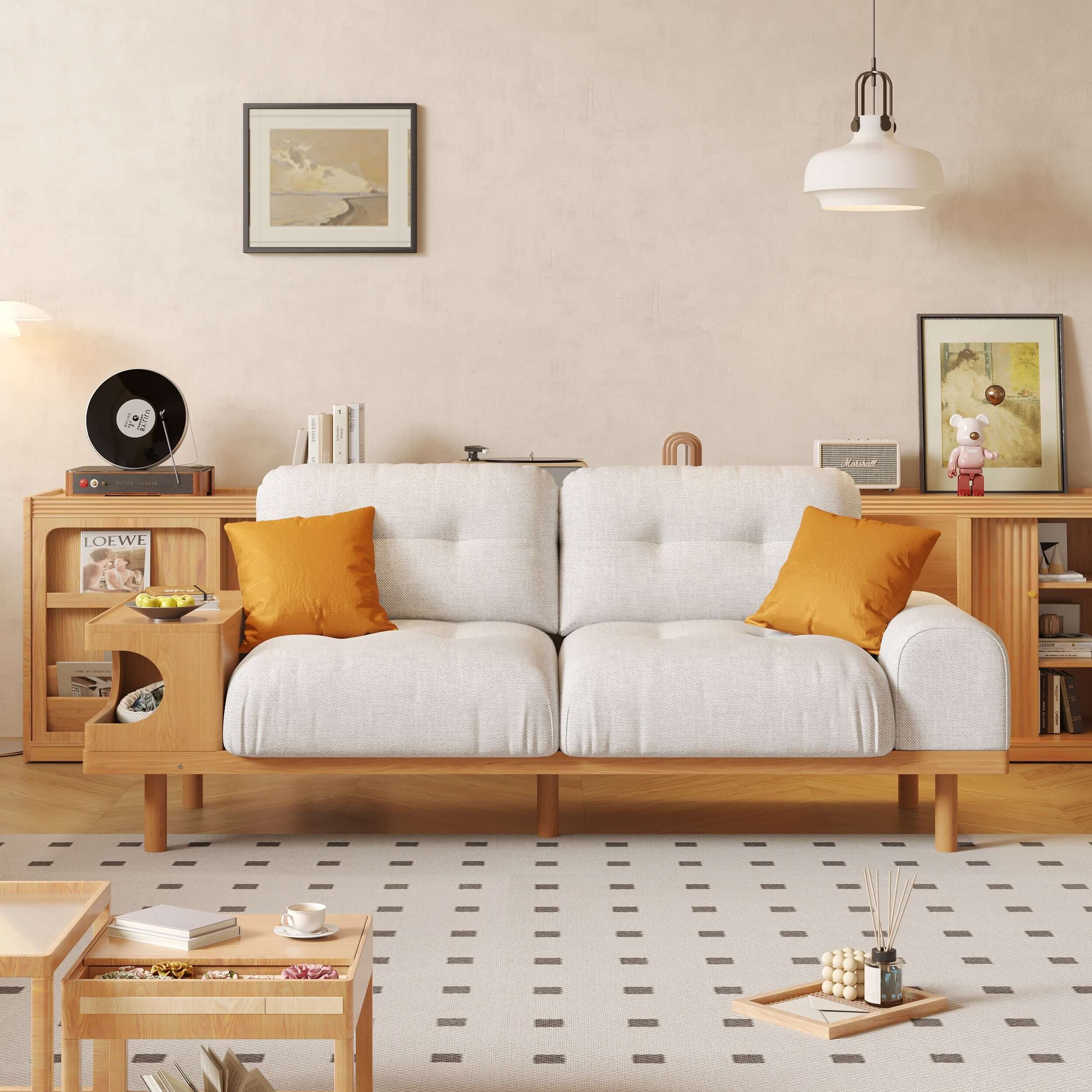 Modern Japandi Style Wooden Base Sofa with Built-in Cat Bed - Cozy Pet-Friendly Living Room Furniture for Small Spaces & Cat Lovers