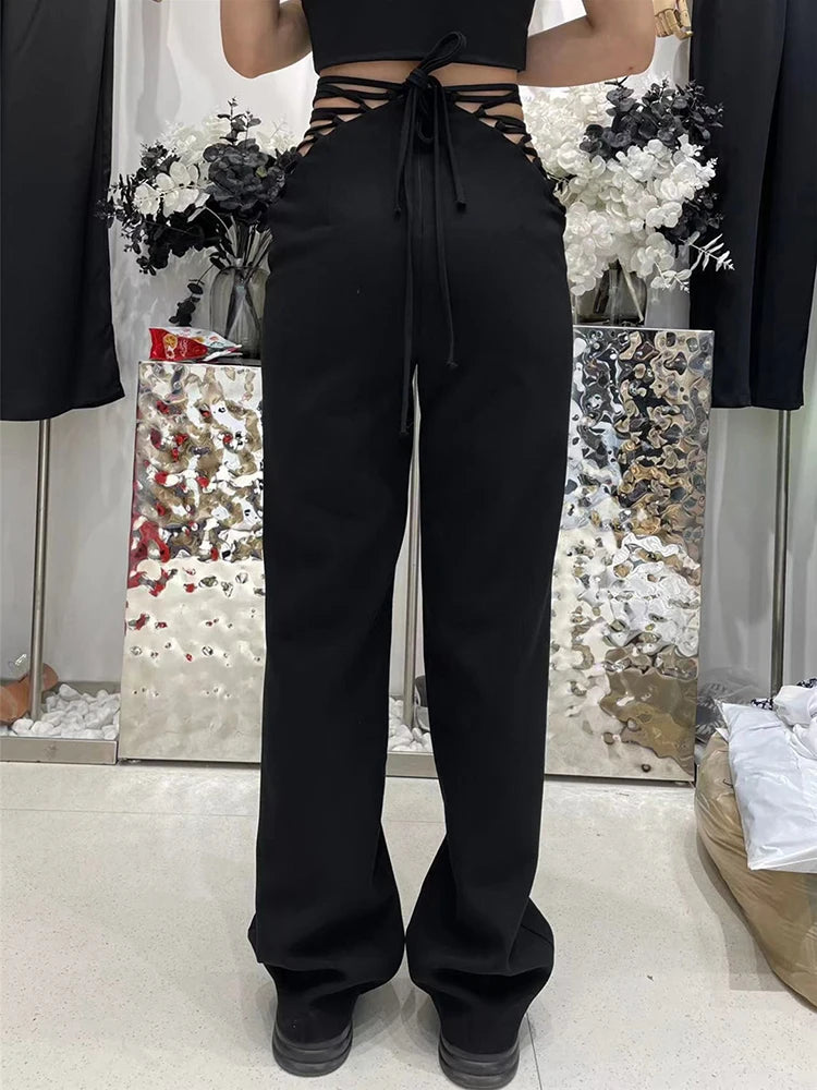 Black High Waist Bandage Wide Leg Pants for Women - Minimalist Solid Cut Out Trousers | Spring Fashion Staple for Office Wear & Casual Outings