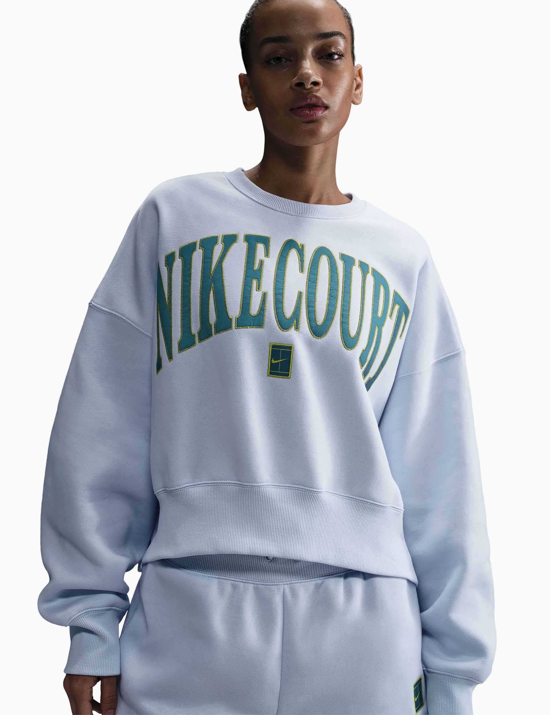 NikeCourt Heritage Phoenix Fleece Oversized Sweatshirt - Football Grey/High Voltage/Mineral Teal | Comfortable Unisex Pullover for Casual Wear, Street Style & Lounge Outfits