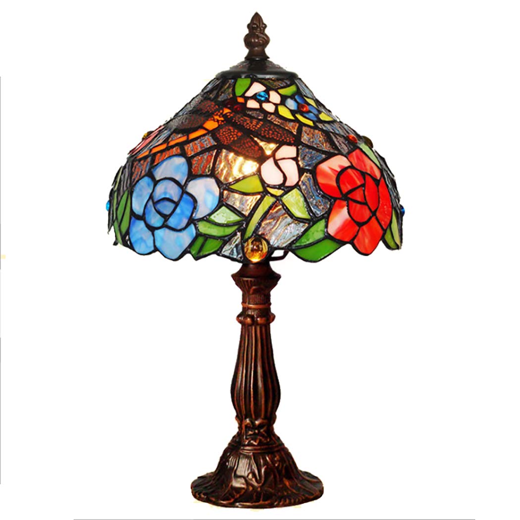 Tiffany Style Dragonfly Rose Stained Glass Table Lamp - 8 Inch Modern Desk & Bedside Lamp for Living Room, Bedroom, Office Decor | Perfect for Reading, Nightstand Lighting & Home Accent