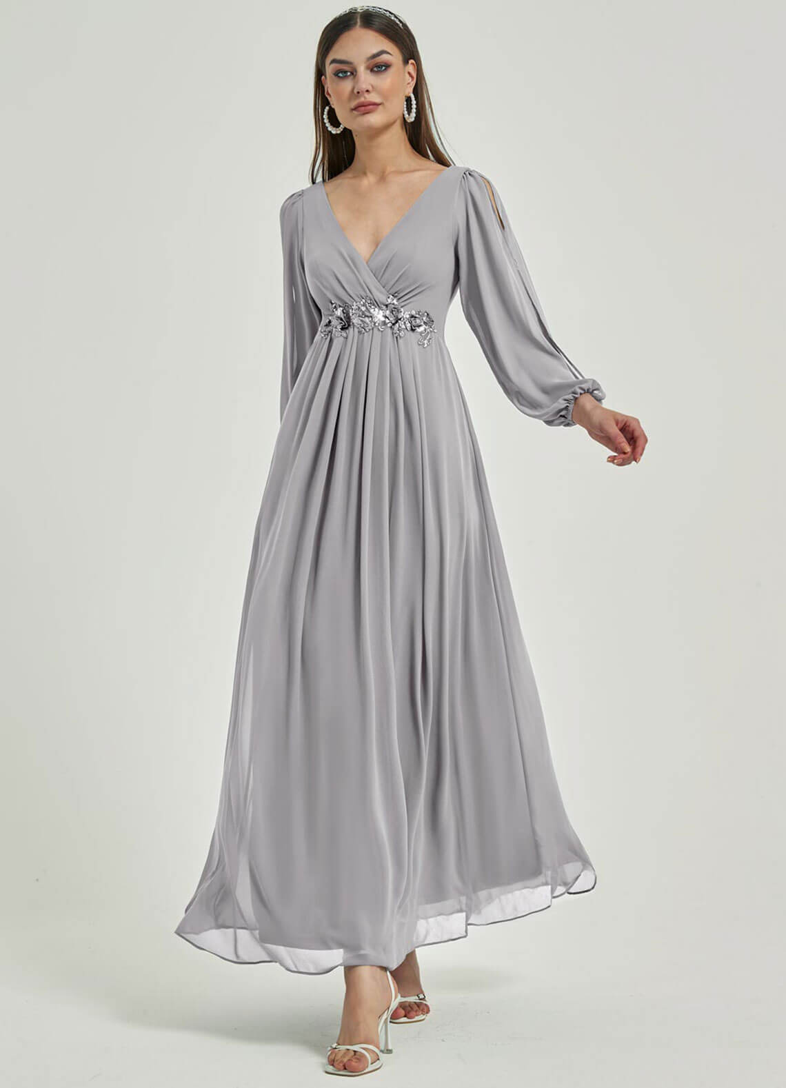Elegant Dolphin Grey V-Neck Long Slit Sleeve Pleated Flowy Chiffon Formal Evening Dress for Women - Perfect for Weddings, Proms, and Special Occasions