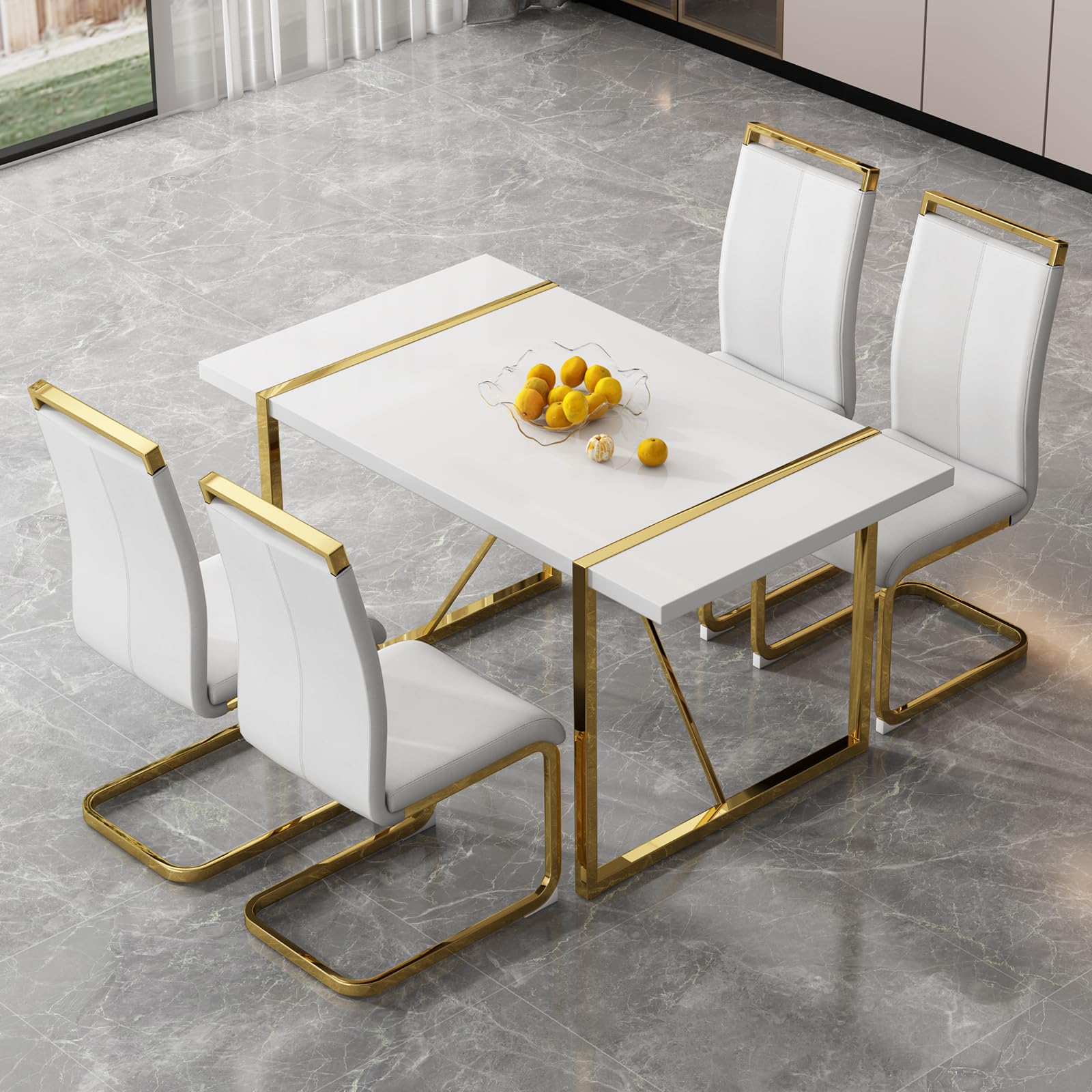 Modern 5-Piece White Dining Table Set for 4 - Rectangular MDF Table & Faux Leather Chairs with Metal Frame | Perfect for Small Spaces, Apartments, and Contemporary Dining Rooms