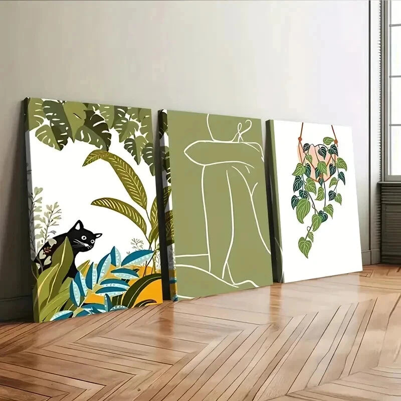 3-Piece Abstract Modern Botanical Black Cat Wall Art Set - Framed Canvas 50x70cm (20x28in) | High Quality Print | Ready to Hang | Australian Made | Home Office Decor, Living Room Wall Art, Gift for Cat Lovers