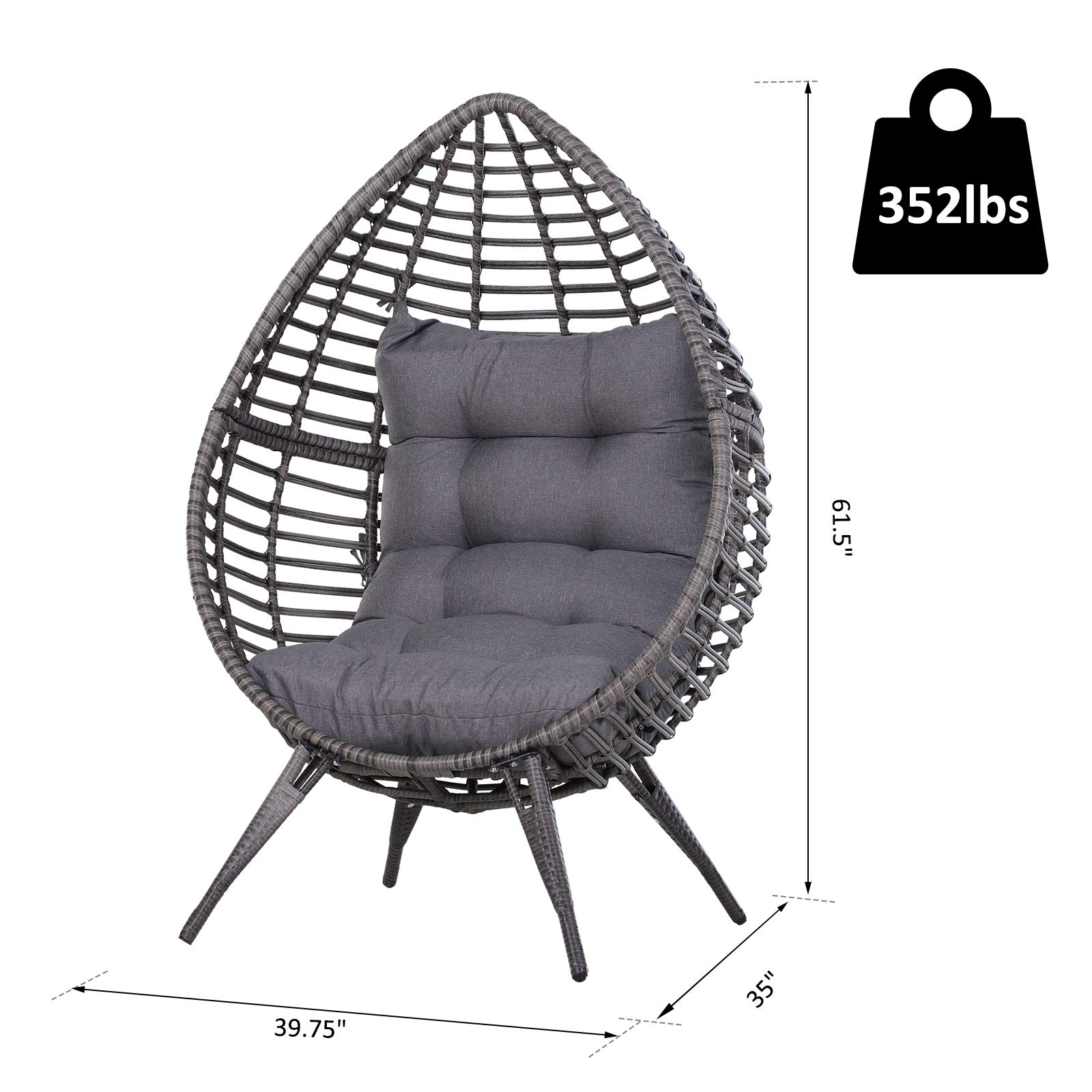 Outsunny Gray PE Wicker Egg Chair with Soft Cushion - Adjustable Height Teardrop Patio Chair for Indoor/Outdoor Use - Perfect for Porch, Garden, or Balcony Relaxation