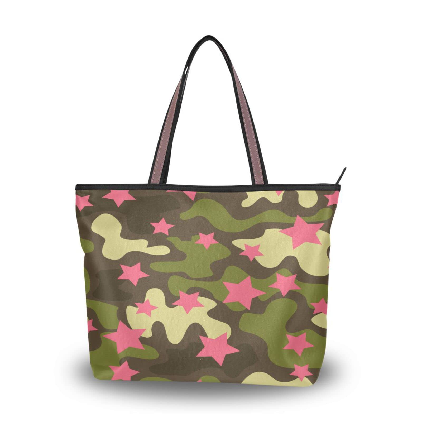 ALAZA Green Camouflage Stars Zippered Tote Bag for Women - Reusable Shoulder Handbag, Beach Bag & Travel Purse | Perfect for Shopping, Gym, Work & Vacation Accessories