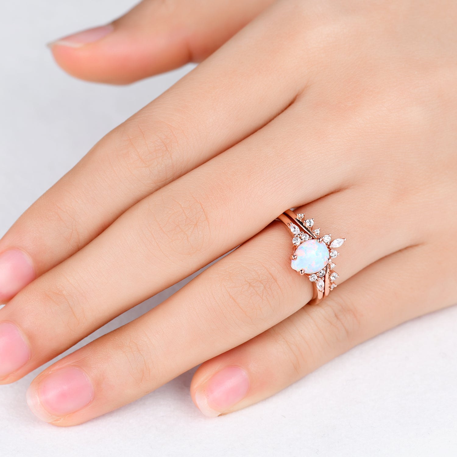 Pear Shaped Opal Bridal Ring Set with Moissanite Wedding Band - Chevron Crown Design for Engagement, Wedding & Anniversary Jewelry Gift