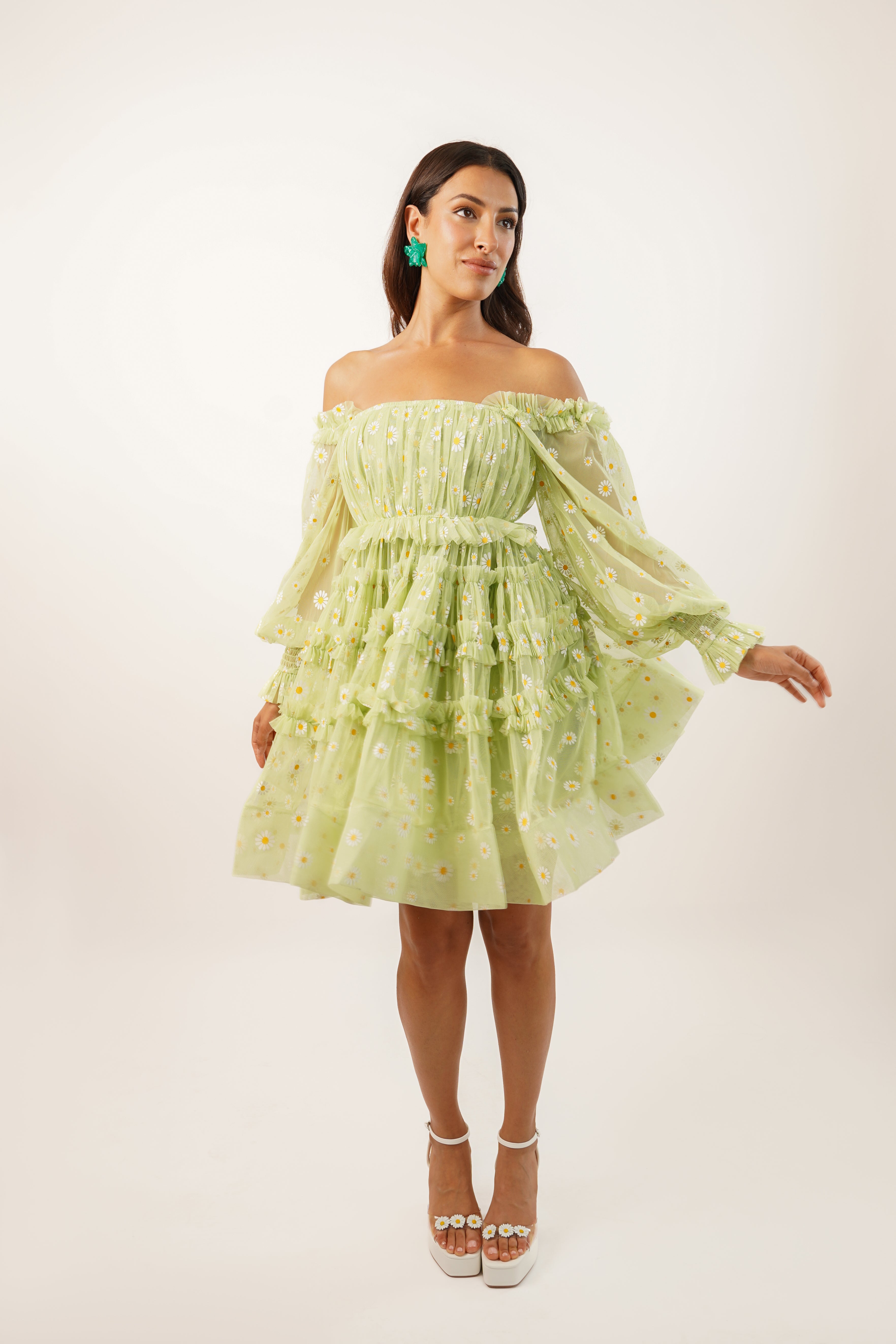 Jessica Tulle Daisy Printed Mini Dress in Green - Floral Summer Party Dress for Women, Wedding Guest Outfit, Garden Tea Dress | Perfect for Bridal Showers, Beach Vacations & Date Nights