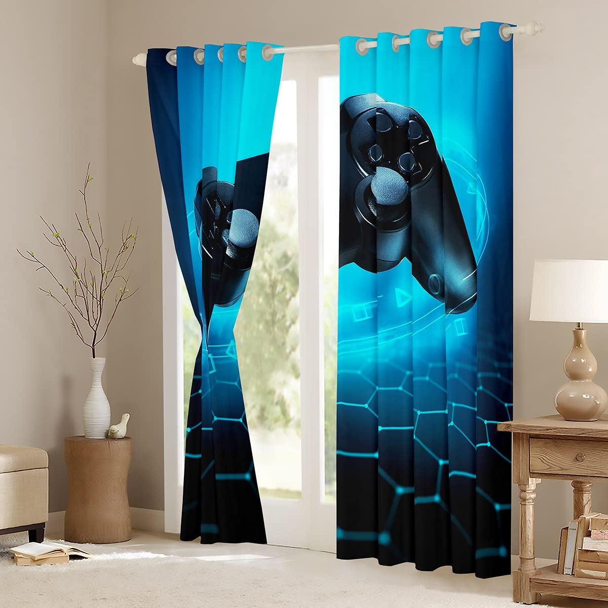 Erosebridal Video Game Curtains for Teens & Kids - Black Blue Gamepad Honeycomb Window Drapes 2 Panel Set (52