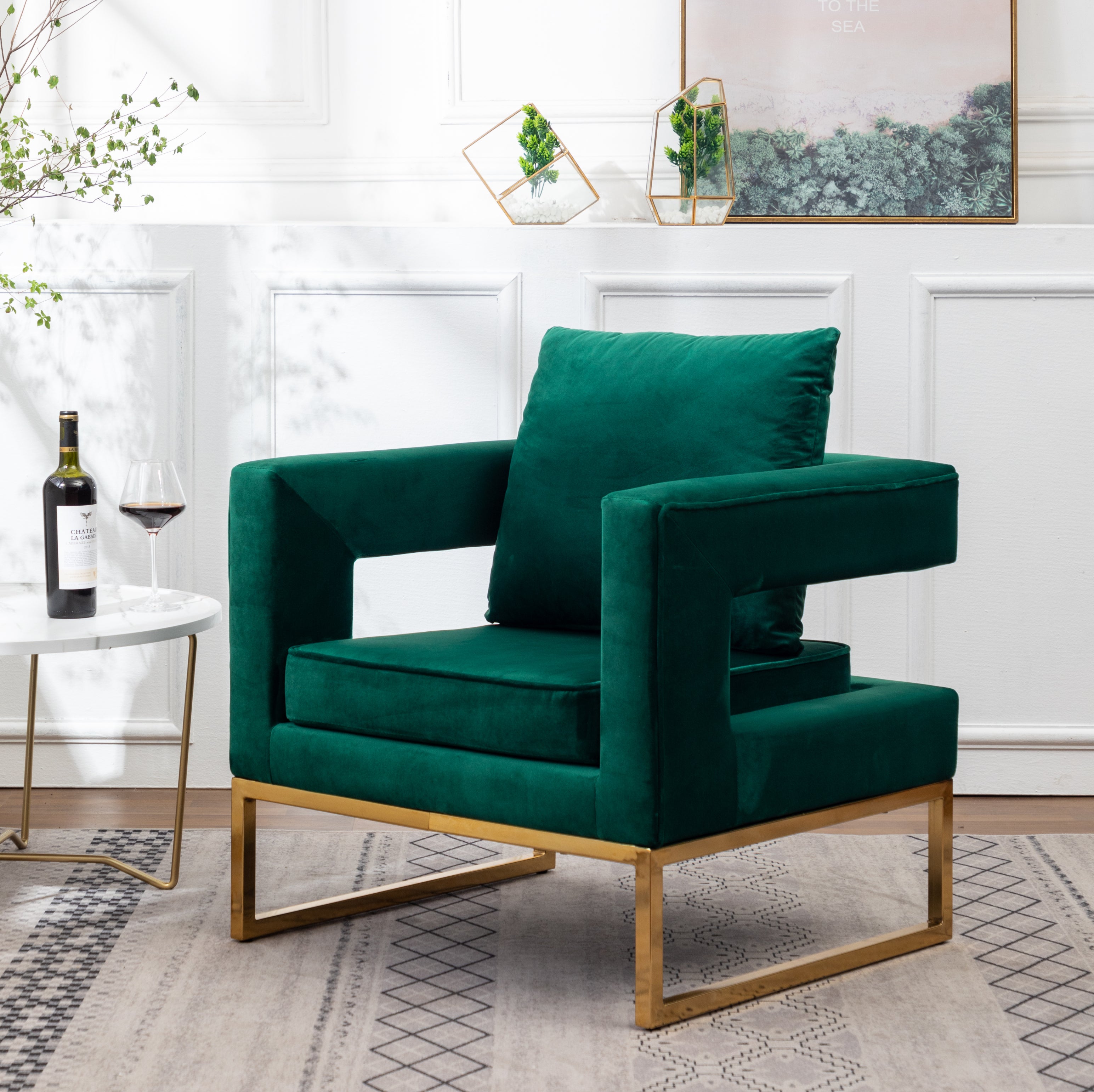 Roundhill Furniture Lenola Modern Upholstered Accent Arm Chair - Green Velvet Lounge Chair for Living Room, Bedroom & Office Decor