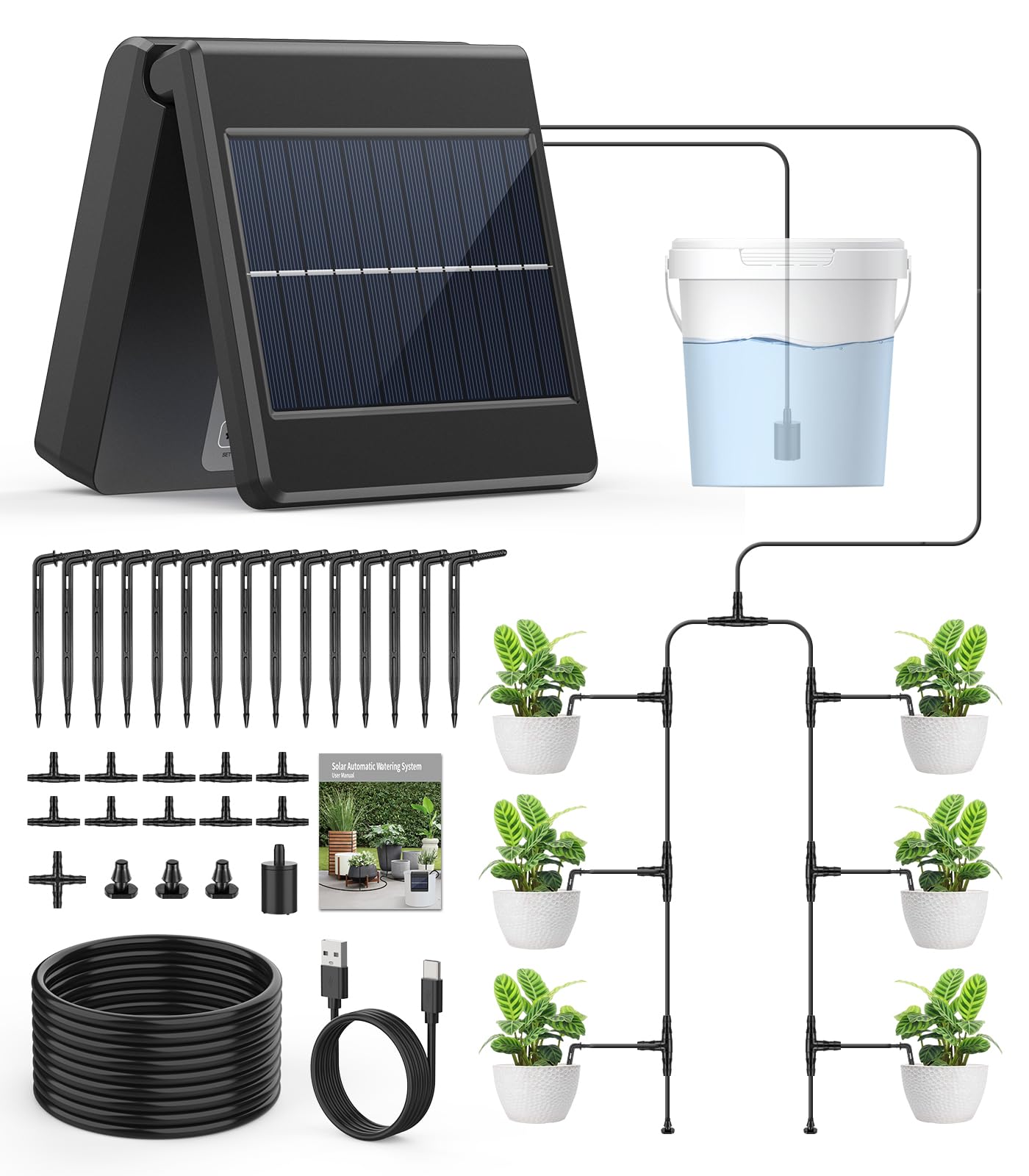 Solar-Powered Automatic Drip Irrigation Kit System with Timer - Water 15 Pots for Garden, Greenhouse & Vacation Homes - Easy DIY Watering Device for Plants, Flowers & Vegetables