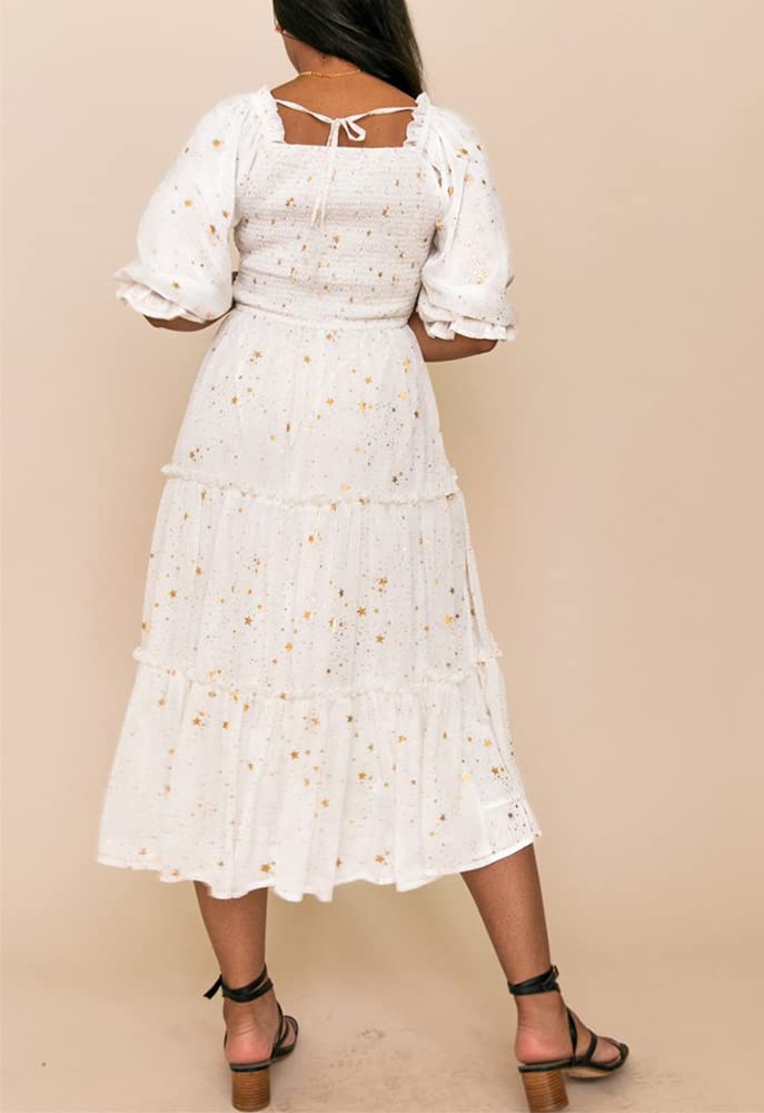 Women's Puff Sleeve Smocked Maxi Dress - Casual Square Neck Floral Tiered Flowy Summer Dress for Beach, Vacation & Outdoor Parties