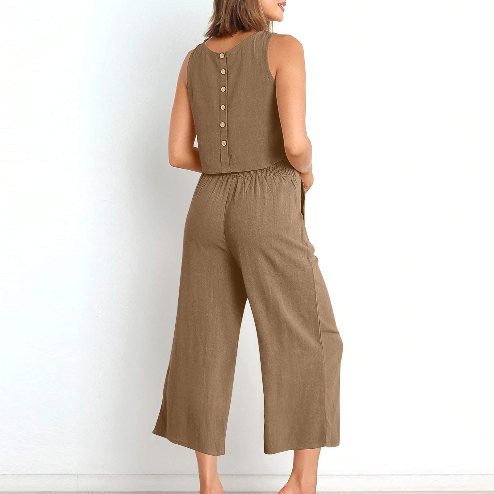 Women's 2-Piece Summer Outfit Set - Linen Crop Top & High Waist Wide Leg Capri Pants | Lounge Wear, Casual Matching Set for Beach, Vacation & Everyday Comfort